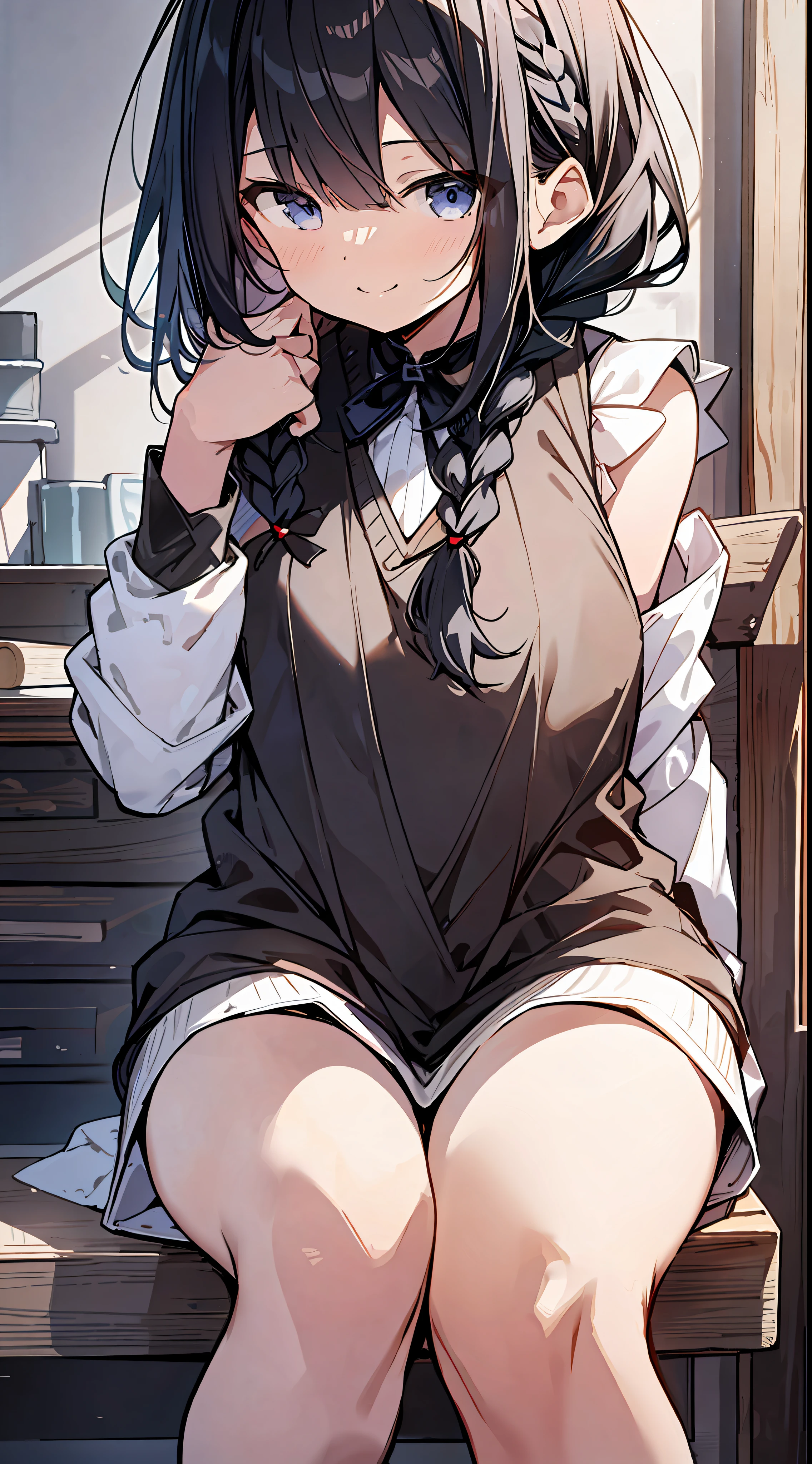 Top Quality, Best Masterpiece, Ultra High Definition, 8K, White Sweater Vest, Anime Style Little Loli, Single, Ultra Detailed Line Art, Digital Enhancement, Anime Core, Flowing Fabric, Close Up, ((Hair length to shoulder mouth and short braid)), staring at us from the front, soft drawing, beautiful black hair, crisp eyes, smiling smile, ultra-detailed digital anime art, Clear face depictions, ultra-detailed anime character art, ultra-detailed manga style, top-quality colors, hand gestures, foot-level angles, indoor