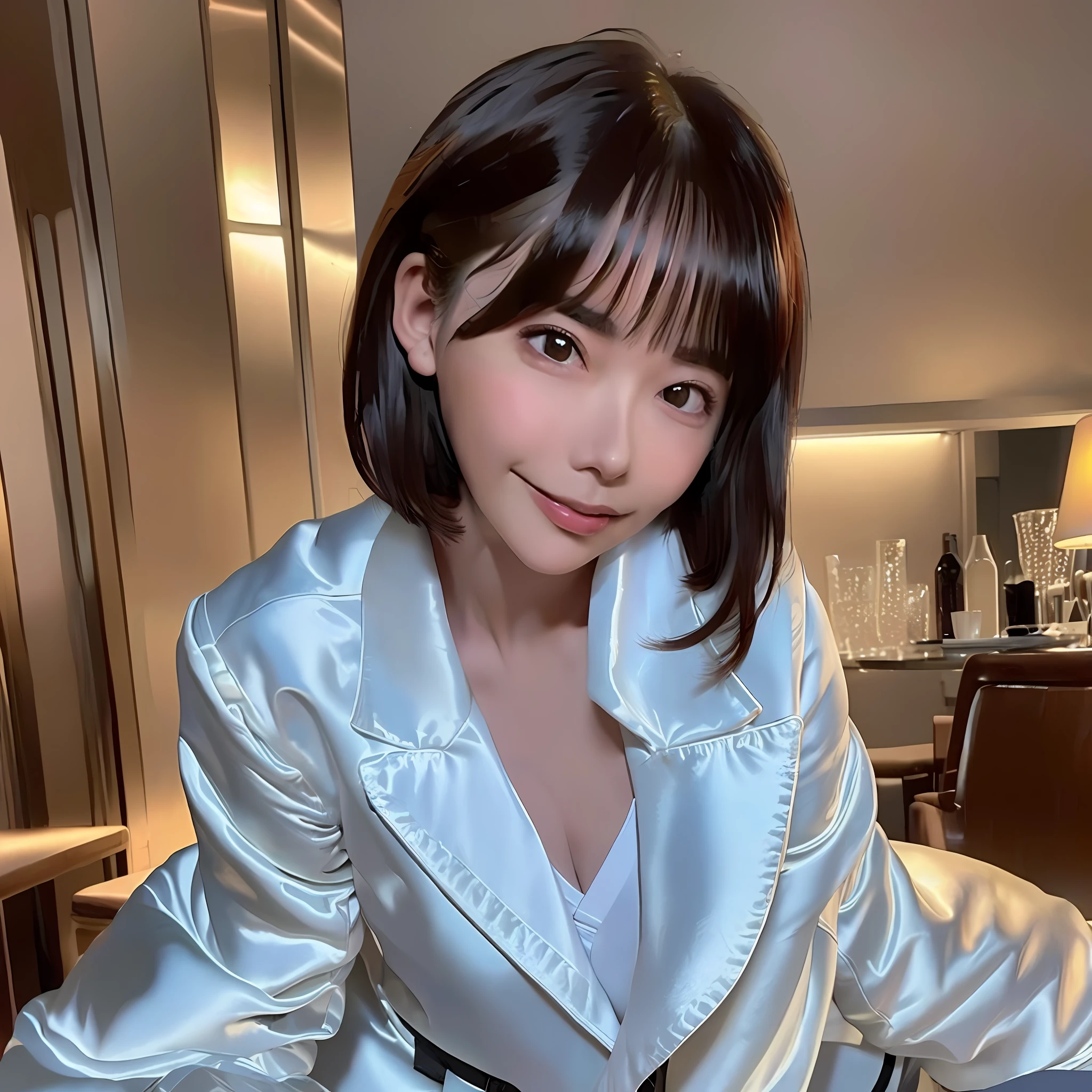 (RAW Photos, Best Quality, Masterpiece: 1.2), (Realistic, Photorealistic: 1.37), 1 Girl, Light Smile, (Big: 1.2), (High Detail: 1.2), (Detail Background: 1.2), (Shiny Skin: 1.2), (Skin Dents: 1.3), (Plump: 1.2), (Perfect Body: 1.35), (Portate: 0.8), Gorgeous, Floating Hair, Head Tilt, Watch the viewer, (small head: 1.4), wearing a satent wrench coat, the material of the satin wrench coat is shiny, soft and smooth to the touch, the buttons of the satin wrench coat are large, the button in front of the satin wrench coat is fastened, the underwear is not worn, the chest is C cup, Japan fashion model, wearing a coat, one beauty, the place is the hotel bedroom, the subject is one person、