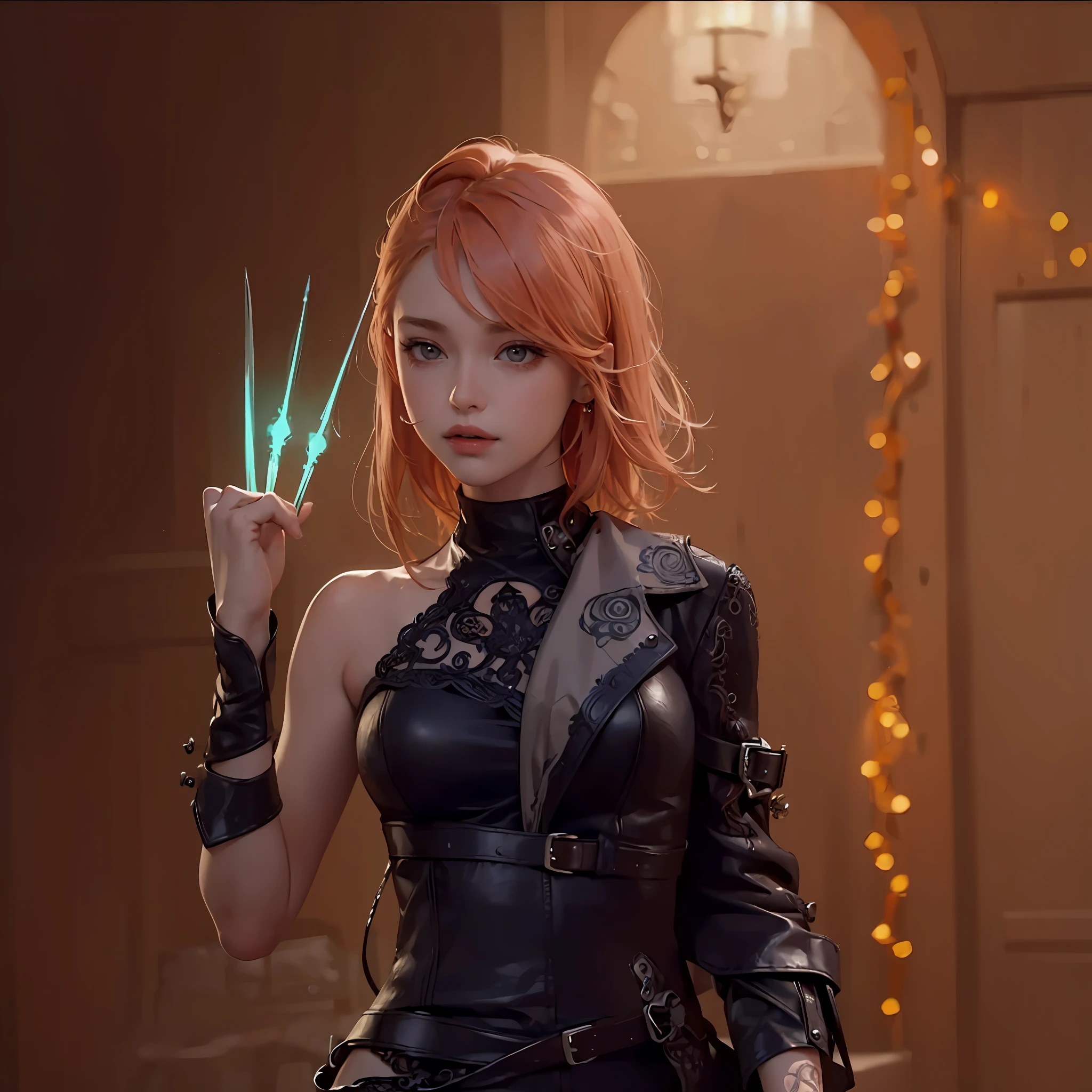 ((masterpiece,best quality,highest quality,illustration,intricate details)),1 girl,peach hair, needles hand, leather suit