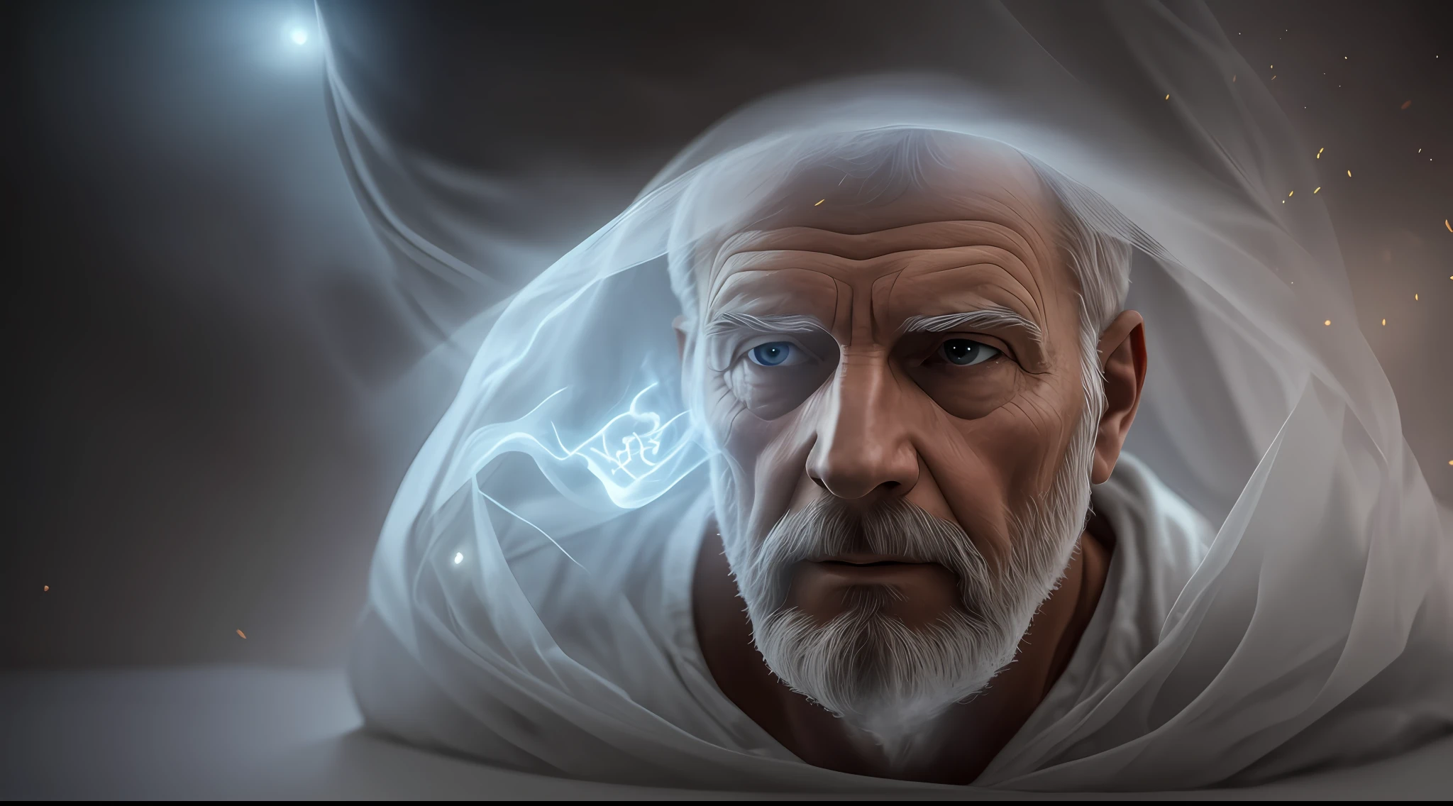 man having nightmare ghosts, realistic image, lights, lighting, high details, 8k, high-quality:: dof, --ar 2:1 --auto --s2