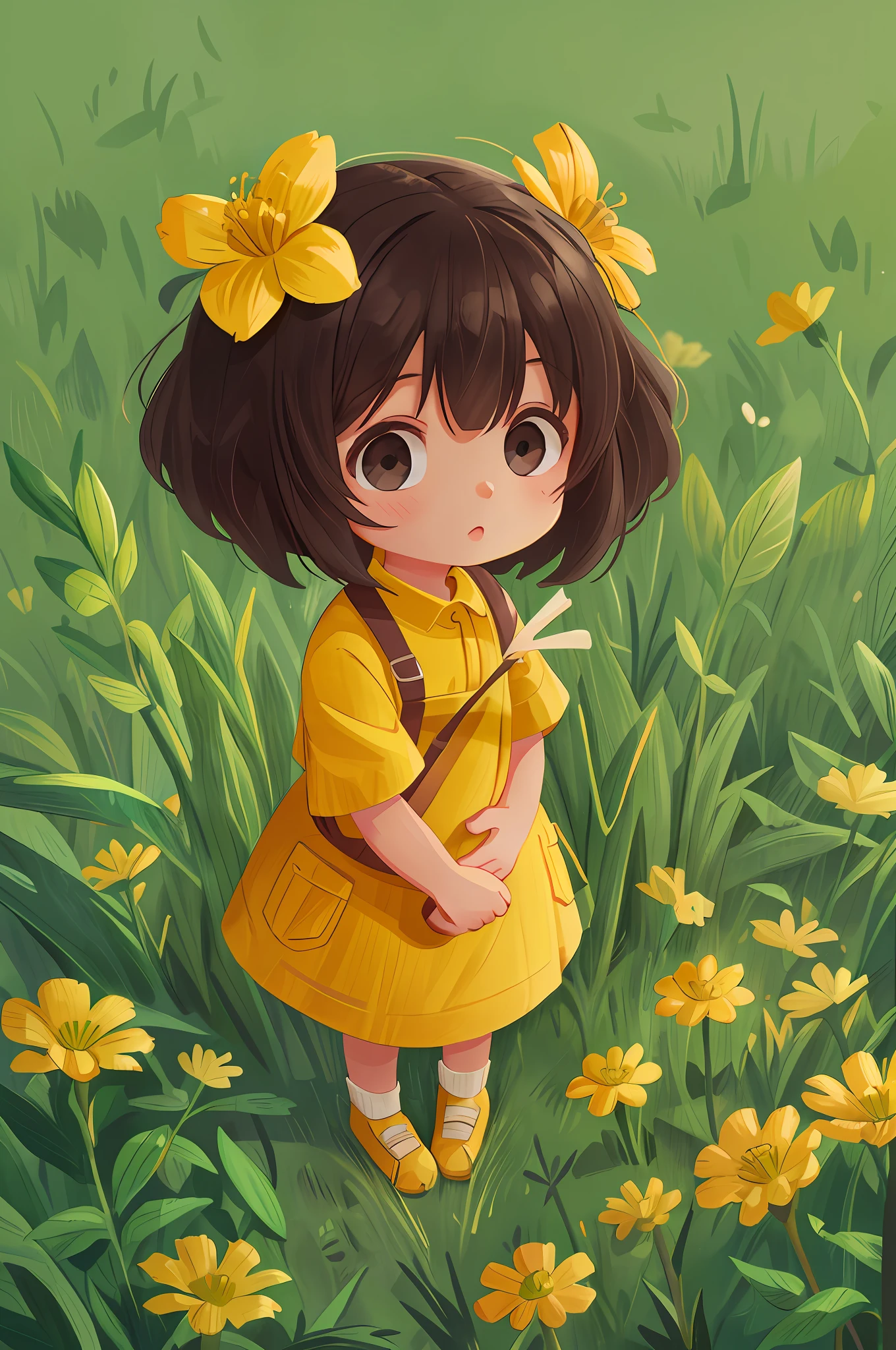 A little girl, holding a small yellow flower in one hand, shooting from a top angle, in the grass