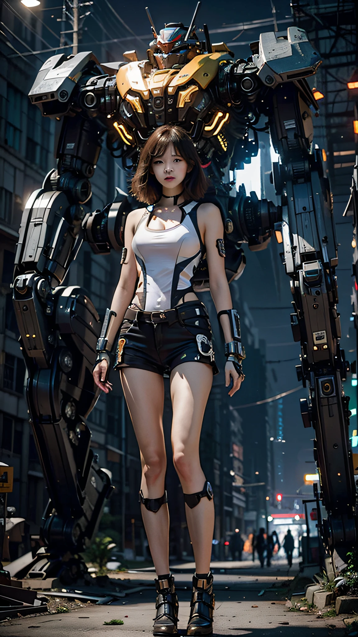 (Masterpiece, Best Quality)), illustration, ultra-detailed 8K, realistic, clear focus, highly detailed, professional lighting, colorful details, rainbow-colored colors BREAK factory super long shot, large mechanical robot construction, microchip, computer, luminescence, intricate details, 1girl standing in front of the audience,