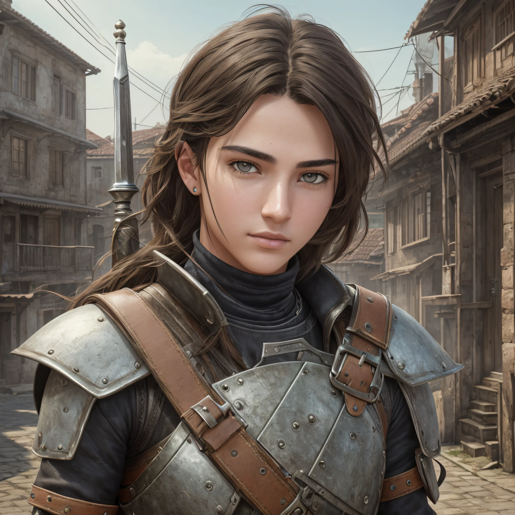 brunette boy, Brazilian, Latin, dark eyes,18 years old, with a sword, a horse, village, oil painting, drama, suspense ((Best quality)), ((masterpiece)), (detailed:1.4), 3D, an image of a beautiful cyberpunk female,HDR (High Dynamic Range),Ray Tracing,NVIDIA RTX,Super-Resolution,Unreal 5,Subsurface scattering,PBR Texturing,Post-processing,Anisotropic Filtering,Depth-of-field,Maximum clarity and sharpness,Multi-layered textures,Albedo and Specular maps,Surface shading,Accurate simulation of light-material interaction,Perfect proportions,Octane Render,Two-tone lighting,Wide aperture,Low ISO,White balance,Rule of thirds,8K RAW, --auto --s2