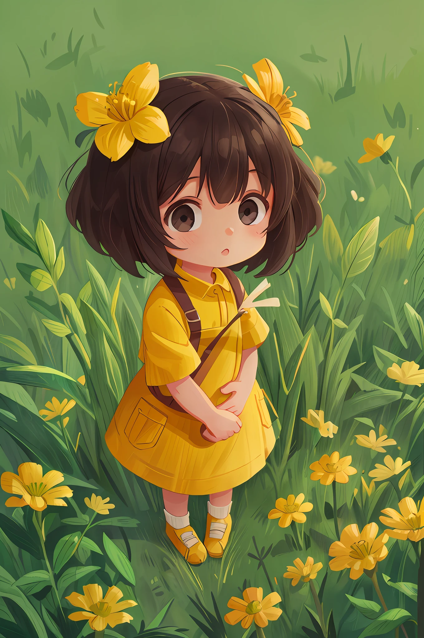 A , holding a small yellow flower in one hand, looking down to shoot, in the grass, very happy expression