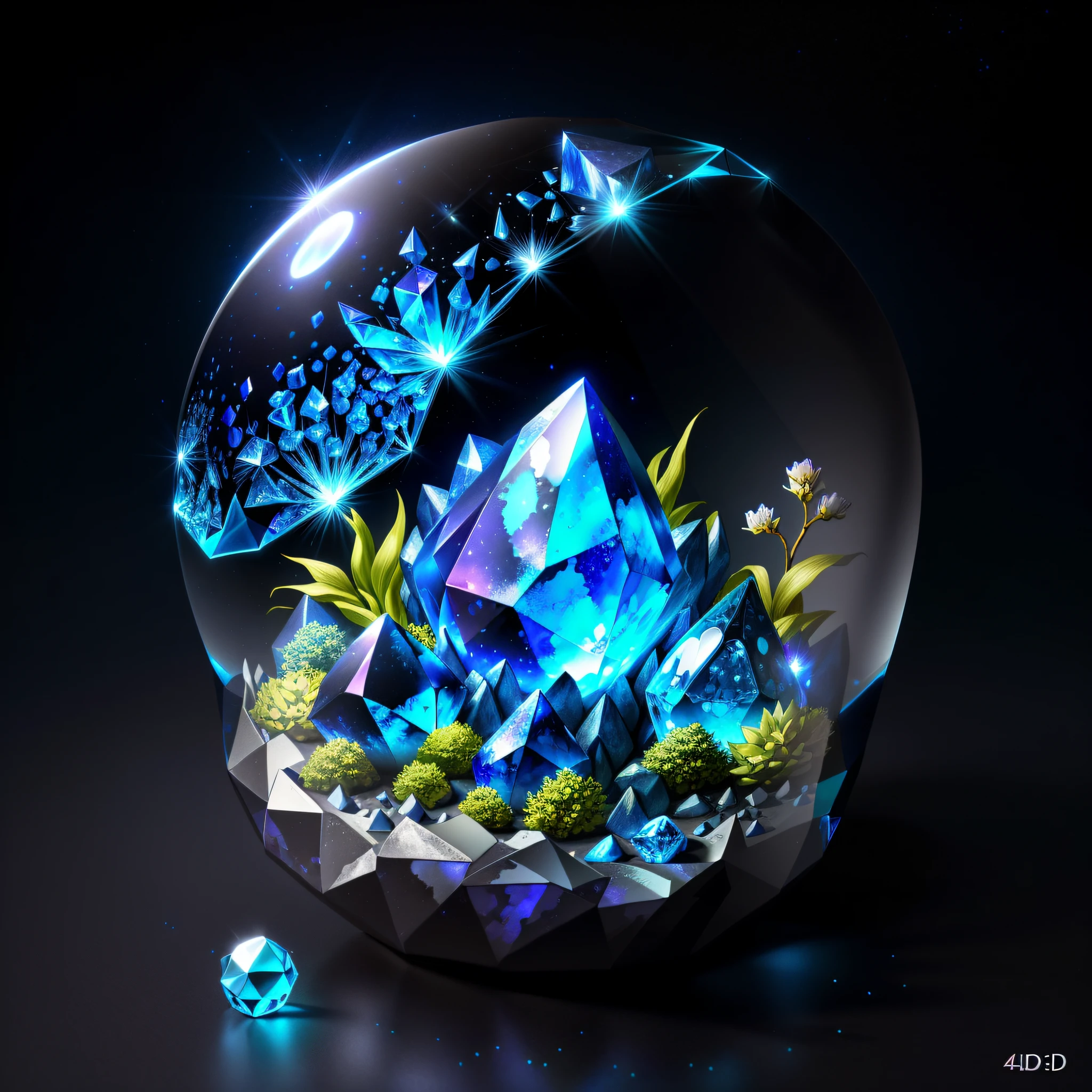there is a crystal ball with a blue crystal inside of it, graphic of enchanted terrarium, 4k highly detailed digital art, intricate 3 d illustration, high detailed digital art, cute detailed digital art, made of crystals, 4k detailed digital art, 3d render digital art, highly detailed digital art, beautiful digital artwork, very detailed digital art, digital art highly detailed