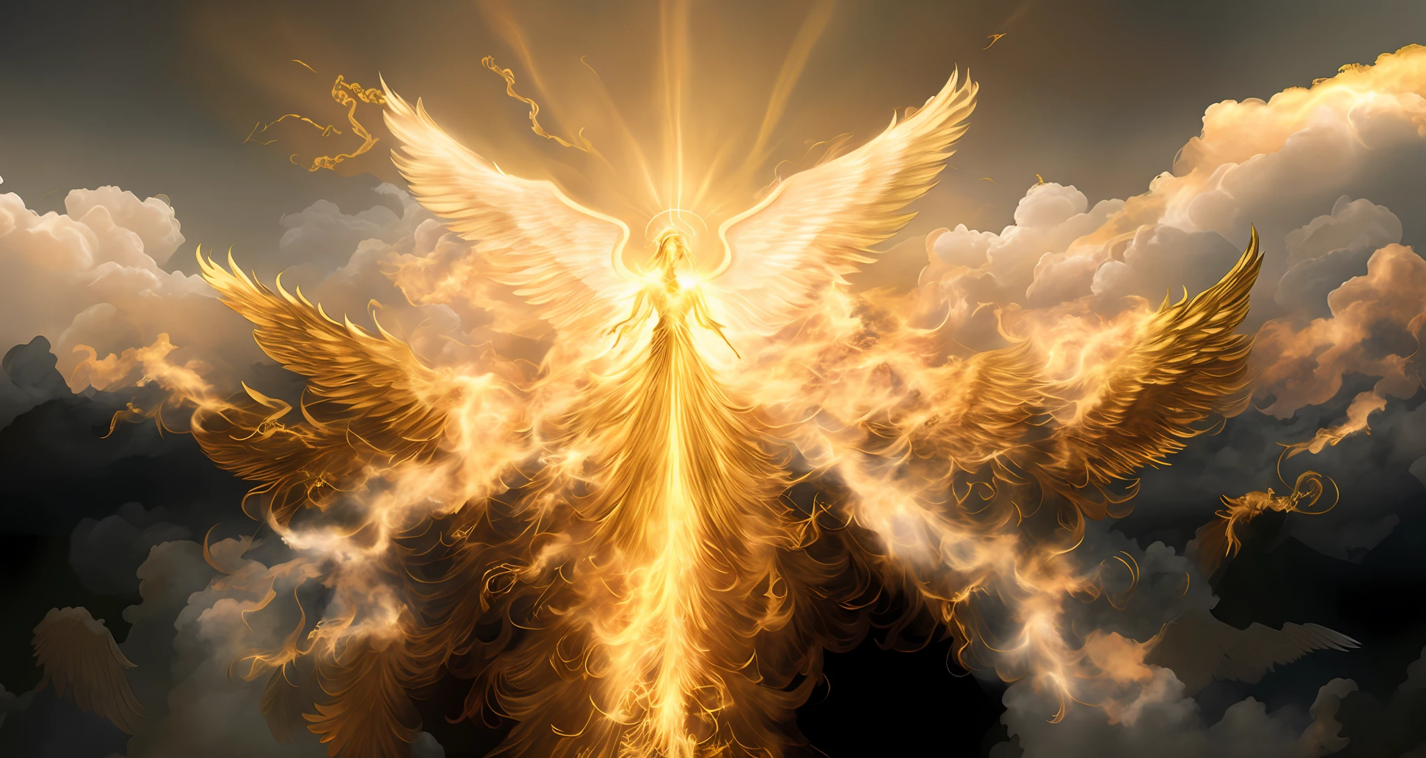 wings of a golden angel in the clouds, with fiery golden wings, epic angel wings, infinite angelic wings, wings made of light, with burning golden wings of flame, brilliant angelic being, infinite angel wings, golden wings, beautiful angelic wings, massive angel wings, cosmic horror entity with wings, angelic wings, ethereal angelic being of light, Golden Wings expand.