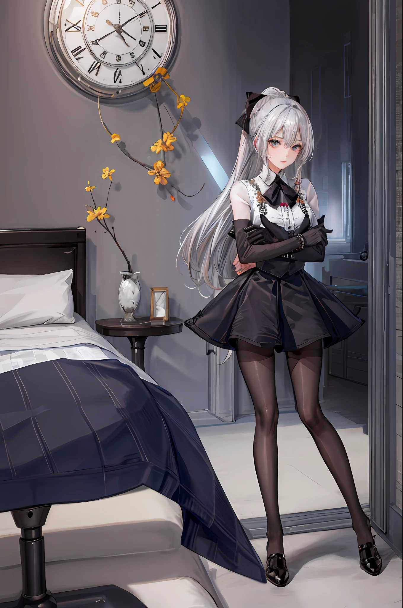 1 girl)), ray tracing, (dim lighting), [detailed background (bedroom)), ((silver hair)), ((silver hair)), (fluffy silver hair, plump and slim girl)) with high ponytail))) Avoid blonde eyes in the ominous bedroom (((girl wears intricately embroidered black high-waisted pants with pantyhose) and white ruffled bow gloves), showing a delicate slim figure and graceful curves, correct limbs, sitting on the bed