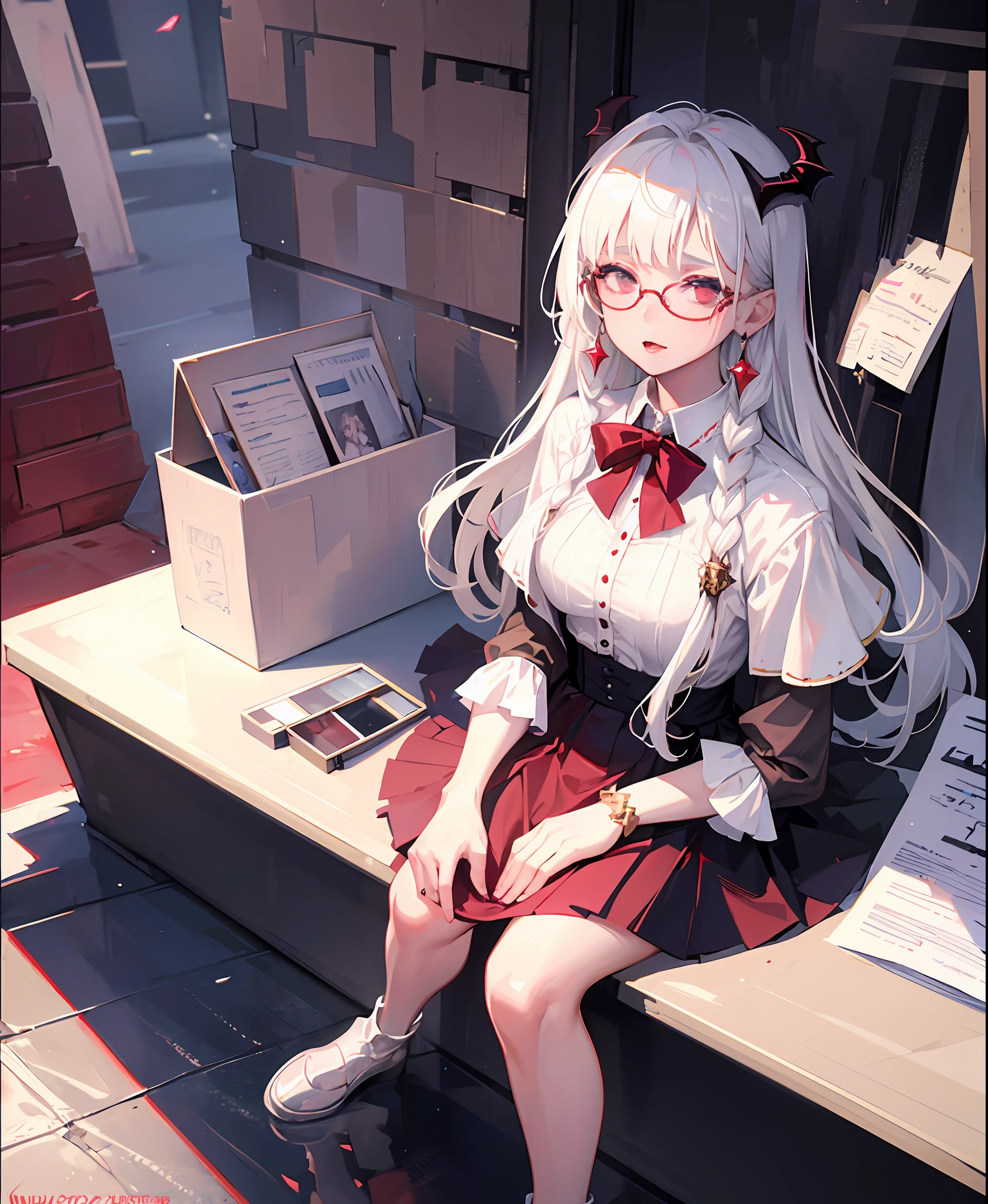 Best quality, masterpiece, ultra high res, (photorealistic:1.4), raw photo, 1girl, white hair, shiny skin, dramatic lighting, (fantasy), vampire, horn, earrings, white dress, glasses,