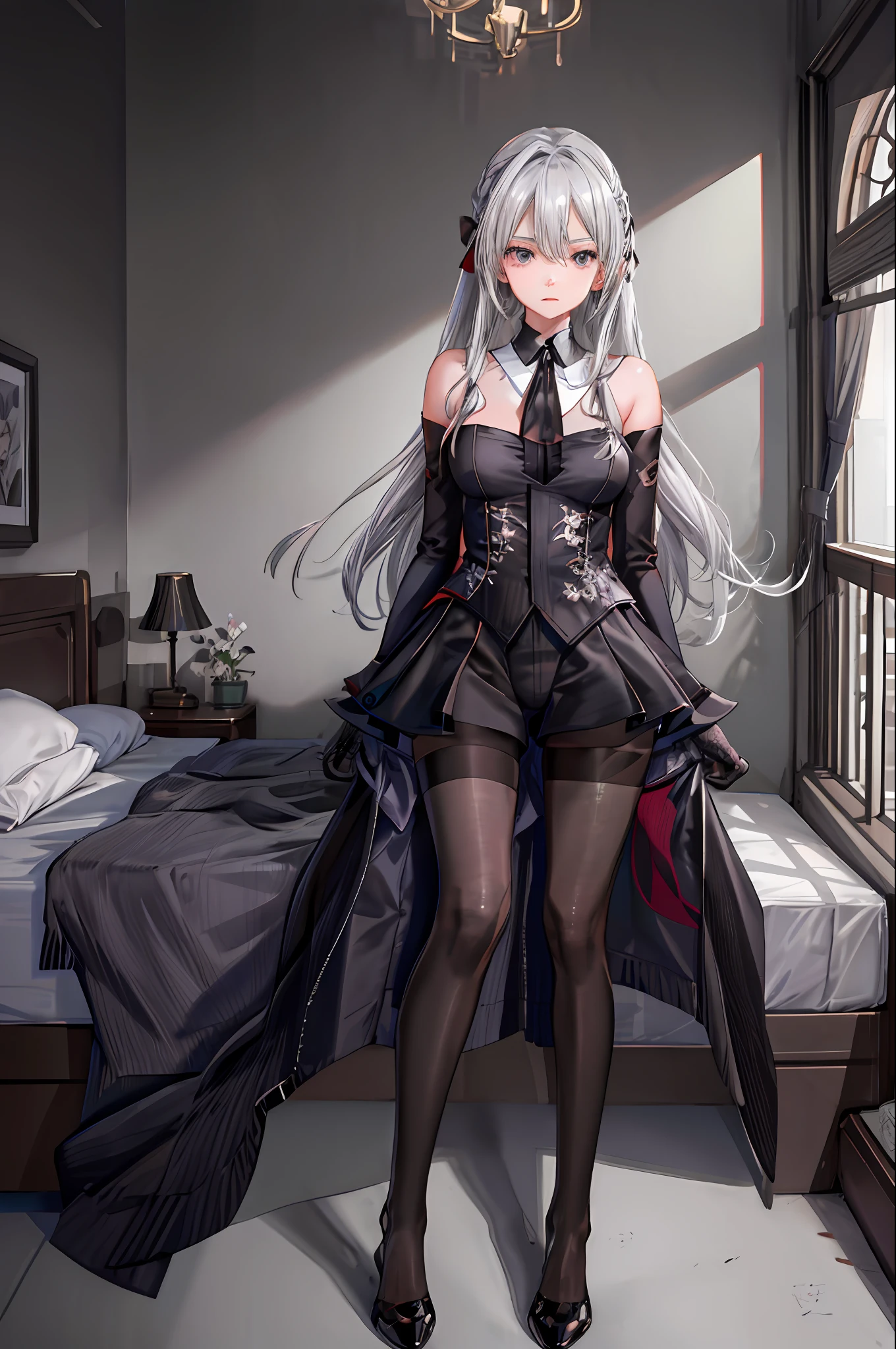 1 girl)), ray tracing, (dim lighting), [detailed background (bedroom)), ((silver hair)), ((silver hair)), (fluffy silver hair, plump and slim girl)) with high ponytail))) Avoid blonde eyes in the ominous bedroom (((girl wears intricately embroidered black high-waisted pants with pantyhose) and white ruffled bow gloves), showing a delicate slim figure and graceful curves, correct limbs, sitting on the bed