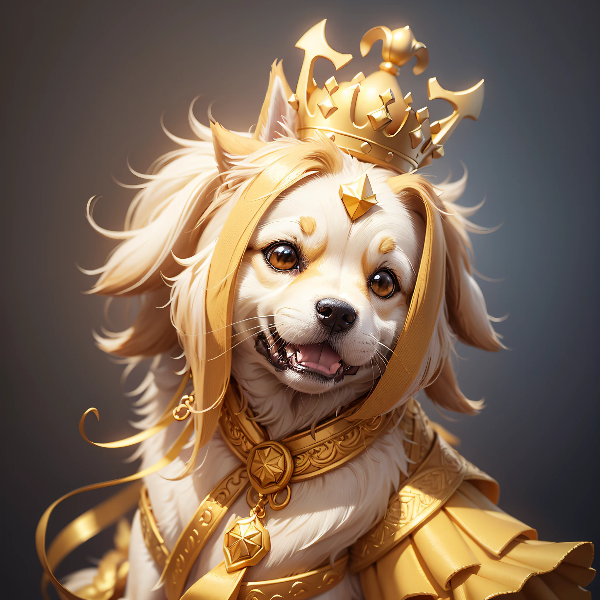 Yellow and white dog with golden crown on head, cute 3 d rendering, cute digital painting, cute detailed digital art, stylized 3d rendering, stylized 3d rendering, stylized 3 d, stylized to 3d rendering, color zbrush rendering, smooth 3d cg rendering, cute digital art, cute smiling dog, super detailed rendering --auto --s2