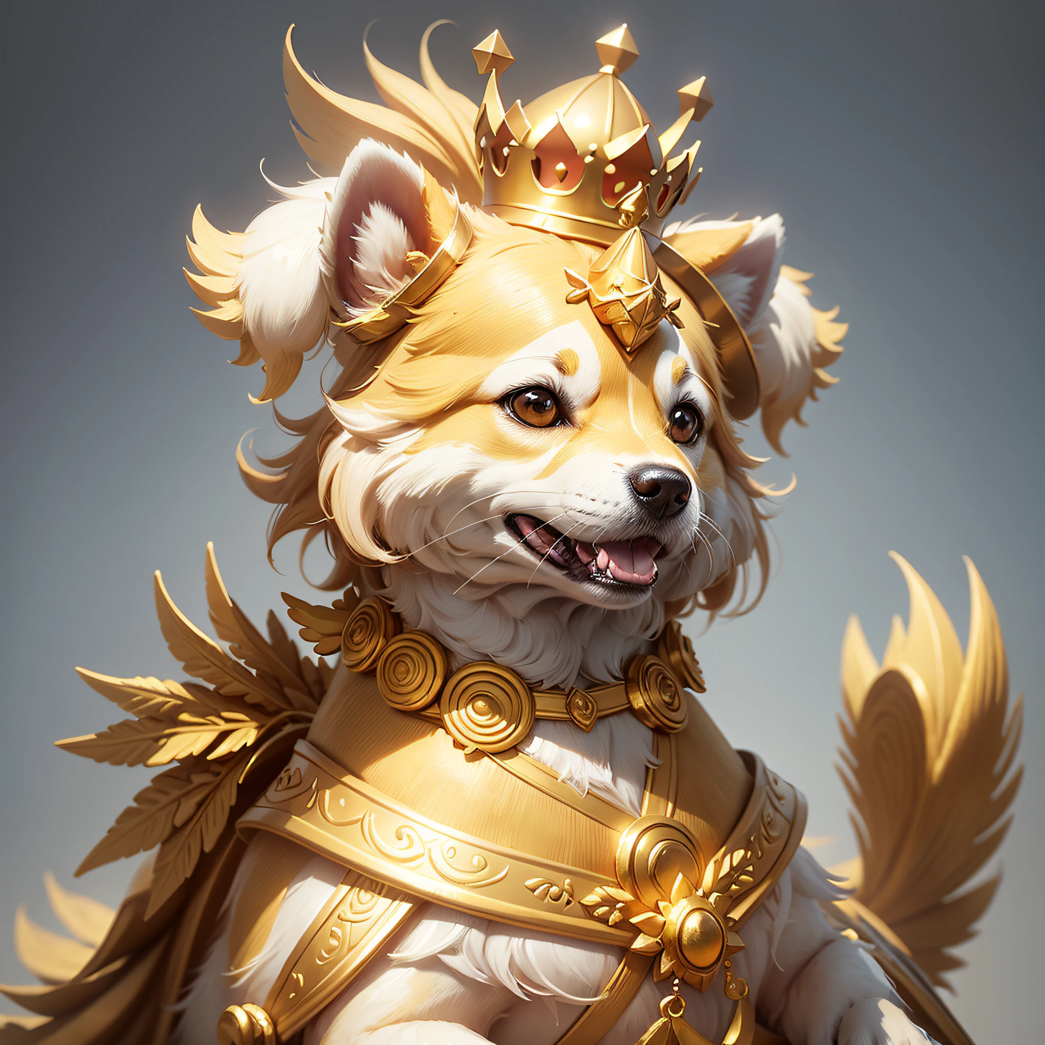 Yellow and white dog with golden crown on head, cute 3 d rendering, cute digital painting, cute detailed digital art, stylized 3d rendering, stylized 3d rendering, stylized 3 d, stylized to 3d rendering, color zbrush rendering, smooth 3d cg rendering, cute digital art, cute smiling dog, super detailed rendering --auto --s2