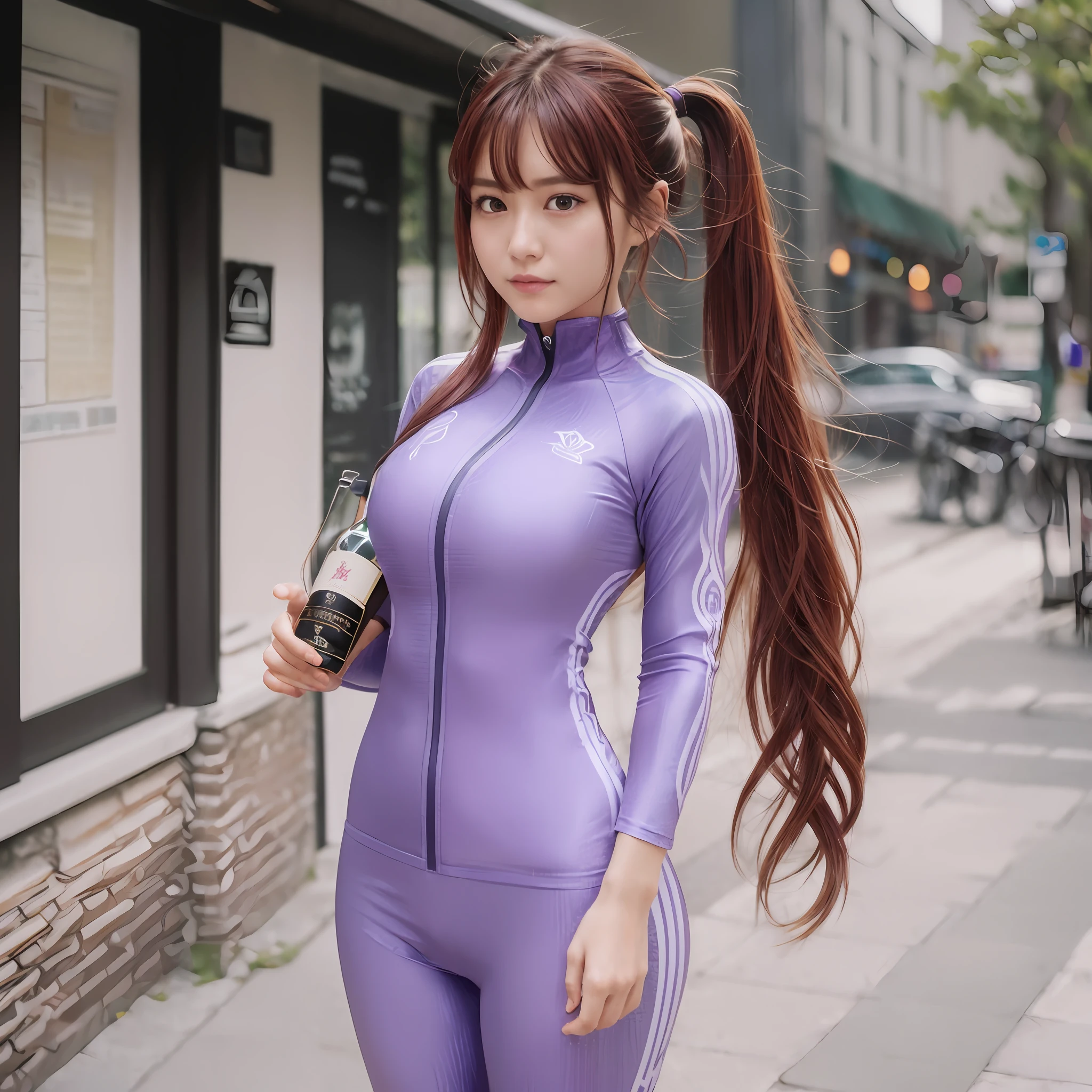 ulzzang-6500-v1.1,(raw photo:1.2),((photorealistic:1.4)),best quality ,masterpiece, illustration, an extremely delicate and beautiful, extremely detailed ,CG ,unity ,8k wallpaper, Amazing, finely detail, official art,extremely detailed CG unity 8k wallpaper,absurdres, incredibly absurdres, huge filesize, ultra-detailed, highres, beautiful detailed girl, extremely detailed eyes and face, beautiful detailed eyes,light on face,cinematic lighting,((light purple colored tight suit clothing)),1girl,full body,full-body shot,looking at viewer,((light red hair)), red eyes,((bliss)), best detailed background, ((cosplay)), (smile), twintails, ((hold a whisky bottle)), whisky bottle detail,