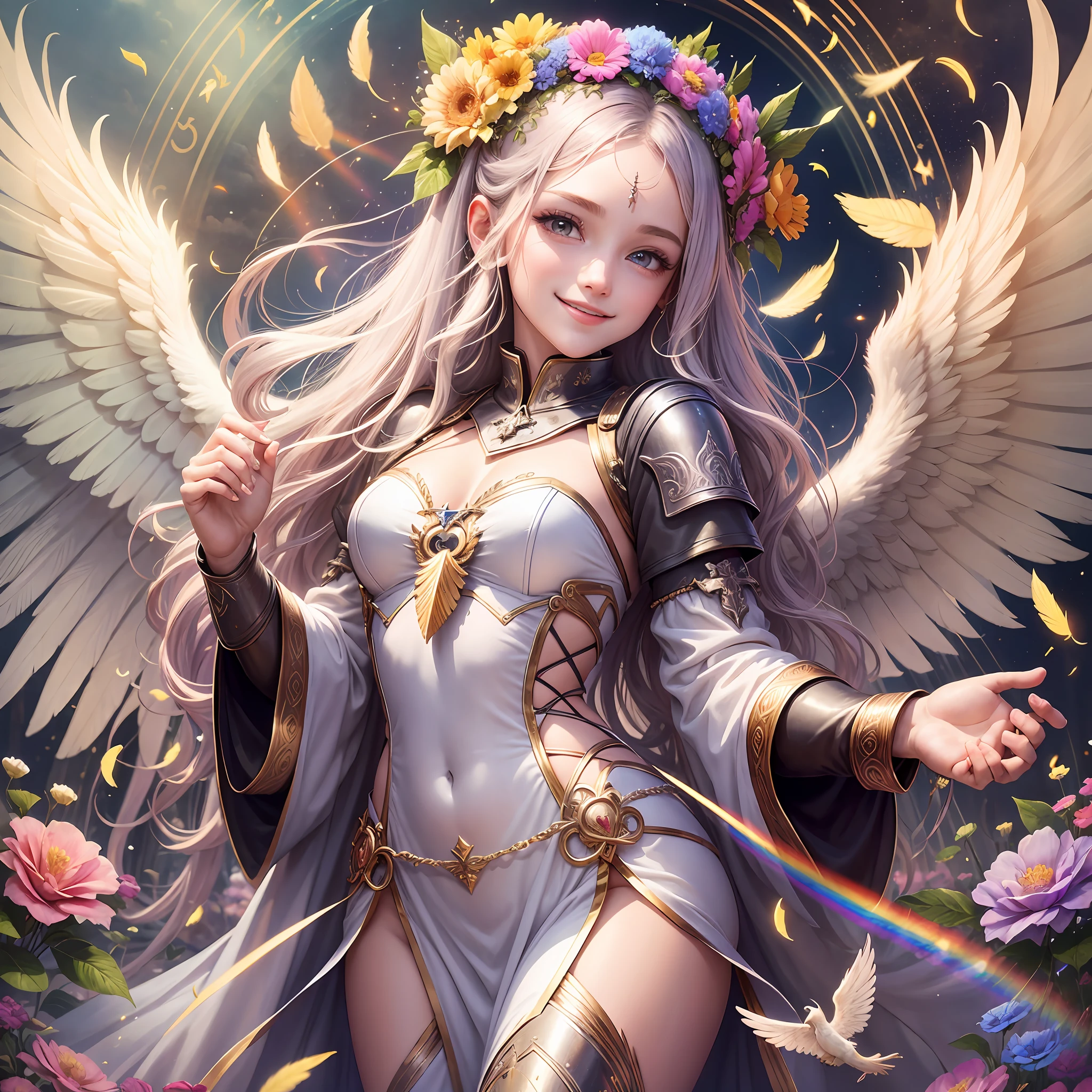 Always with angels, security, security, happiness, radiance, light, fantastic, flowers, rainbow, glitter, smile, feathers, heaven, heaven, medieval --auto --s2