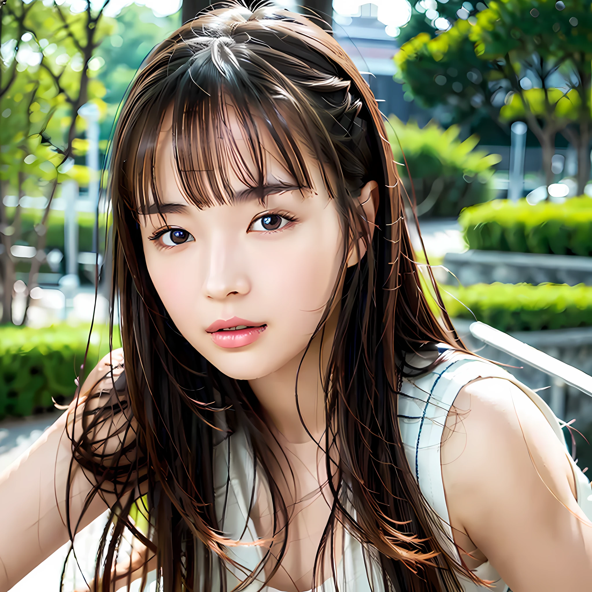 Top quality, best image quality, masterpiece, 1 girl, brown hair, brown eyes, clear skin, well-formed face, detailed face, straight long hair, white simple camisole, outdoor, park