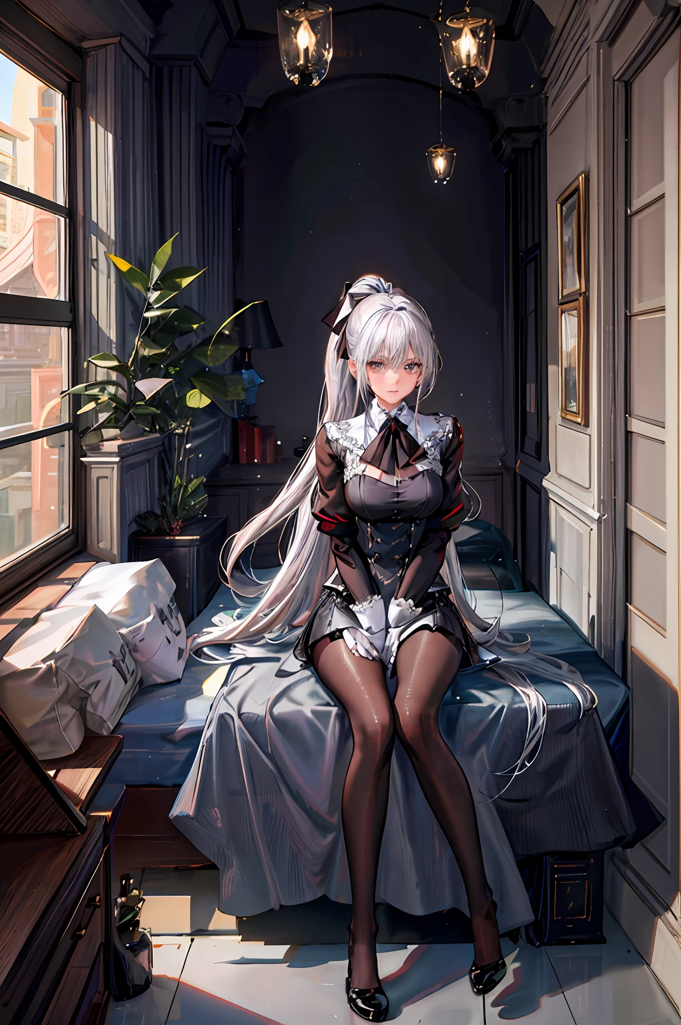 girl)), ray tracing, (dim lighting), [detailed background (bedroom)), ((silver hair)), ((silver hair)), (silver hair), (fluffy silver hair, plump and slender girl)) with high ponytail)))) avoiding blonde eyes in the ominous bedroom (((girl wearing intricately embroidered black high-waisted pants with pantyhose) and white ruffled bow gloves), showing a delicate slim figure and graceful curves, correct limbs, sitting on the bed