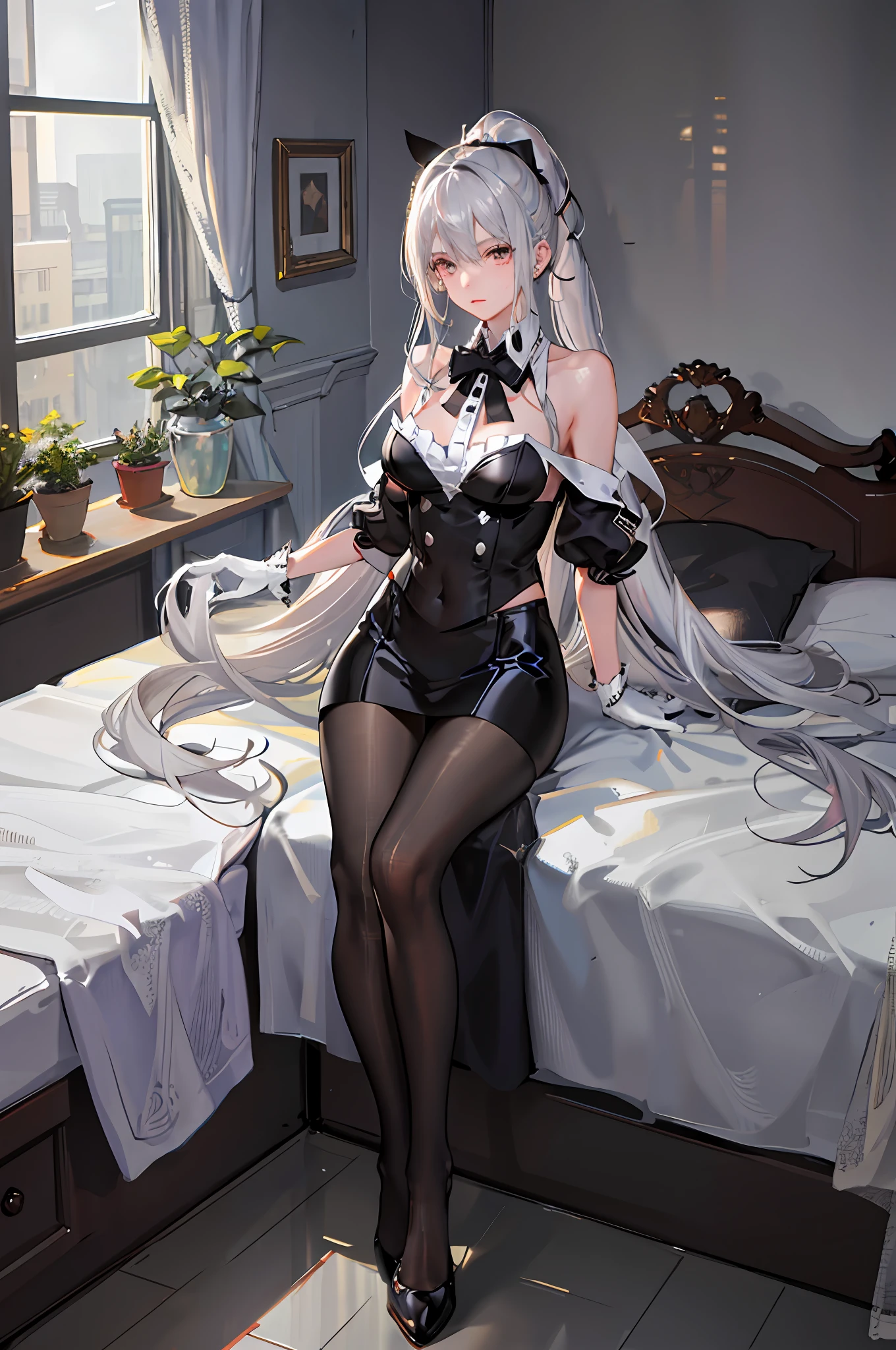 1 girl)), ray tracing, (dim lighting), [detailed background (bedroom)), ((silver hair)), ((silver hair)), (fluffy silver hair, plump and slim girl)) with high ponytail))) Avoid blonde eyes in the ominous bedroom (((girl wears intricately embroidered black high-waisted pants with pantyhose) and white ruffled bow gloves), showing a delicate slim figure and graceful curves, correct limbs, sitting on the bed