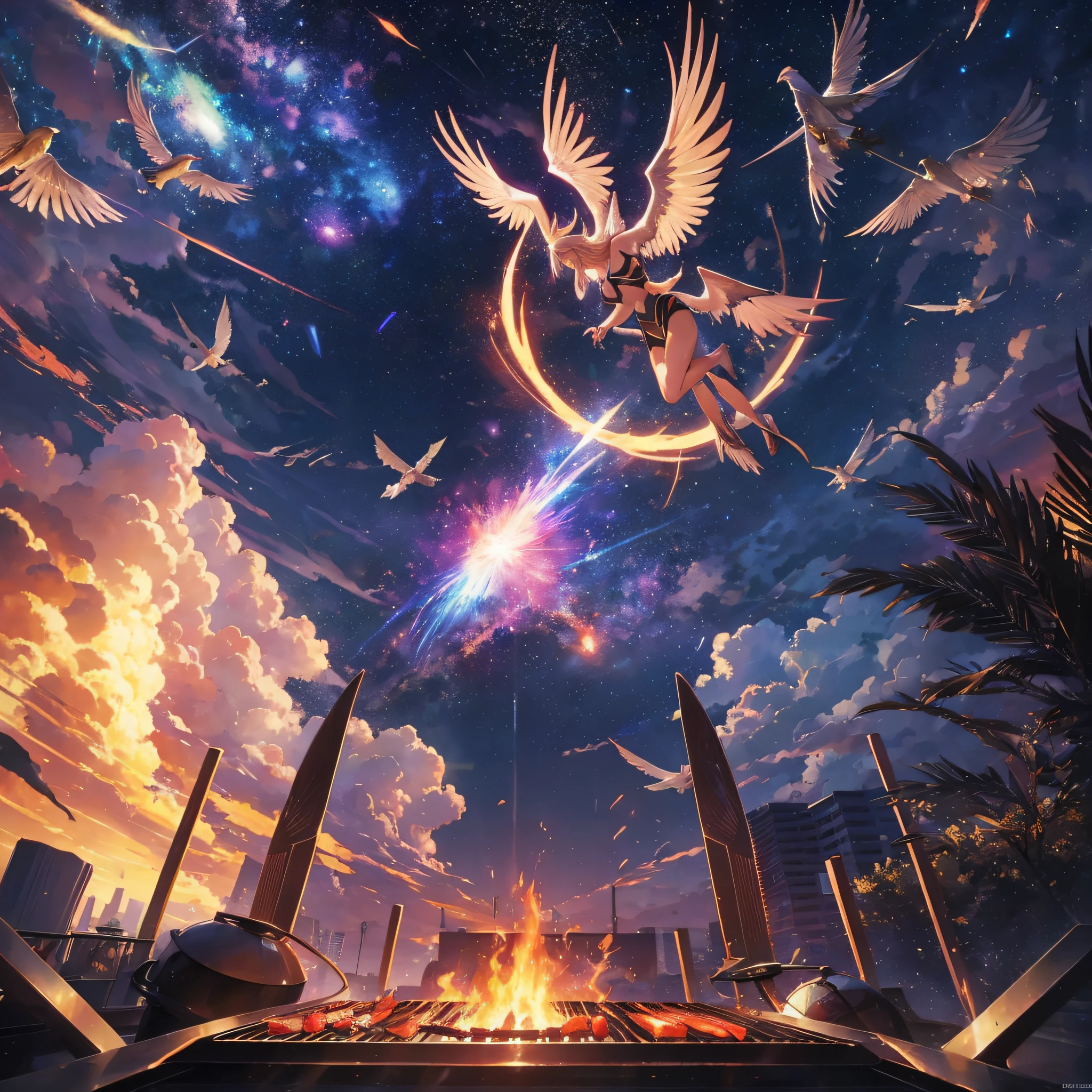 Pheonix above a BBQ, Ineffable, Sunwave, Dreamwave, Angelcore, Prism, dota 2, close up portrait, Satellite view, realisim, exceedingly real --auto --s2