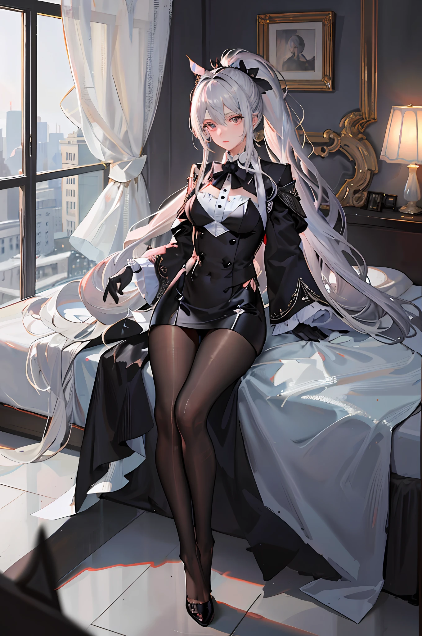 1 girl)), ray tracing, (dim lighting), [detailed background (bedroom)), ((silver hair)), ((silver hair)), (fluffy silver hair, plump and slim girl)) with high ponytail))) Avoid blonde eyes in the ominous bedroom (((girl wears intricately embroidered black high-waisted pants with pantyhose) and white ruffled bow gloves), showing a delicate slim figure and graceful curves, correct limbs, sitting on the bed