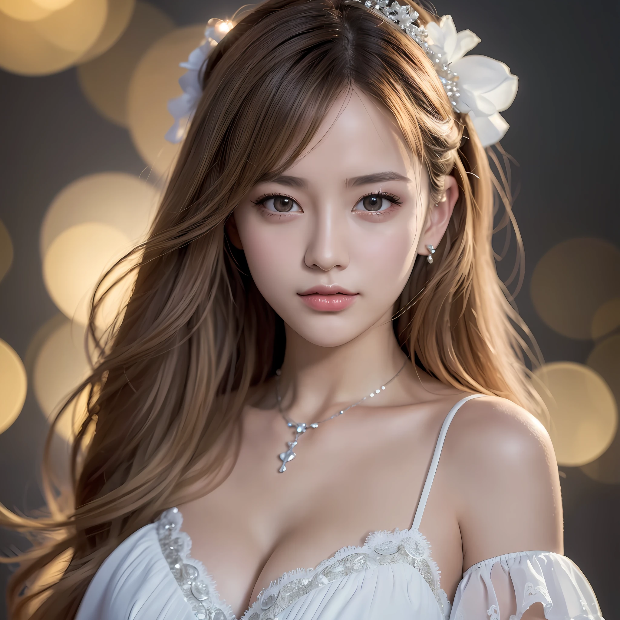 (Very detailed 8k wallpaper), best quality, masterpiece, high resolution, 1girl, porcelain skirt, hair accessories, necklace, jewelry, beautiful face, body, Tyndall effect, realistic, dark studio, edge lighting, two-tone lighting, (high detail skin: 1.2), 8k uhd, dslr, soft light, high quality, volumetric light, voyeur, photo, high resolution, 4k, 8k, bokeh