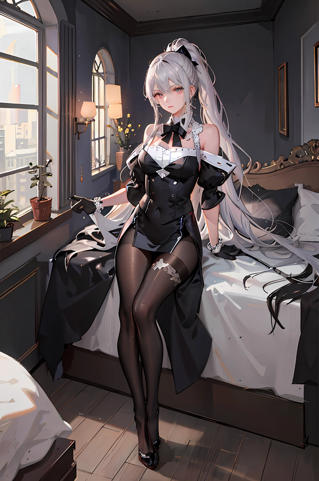1 girl)), ray tracing, (dim lighting), [detailed background (bedroom)), ((silver hair)), ((silver hair)), (fluffy silver hair, plump and slim girl)) with high ponytail))) Avoid blonde eyes in the ominous bedroom (((girl wears intricately embroidered black high-waisted pants with pantyhose) and white ruffled bow gloves), showing a delicate slim figure and graceful curves, correct limbs, sitting on the bed
