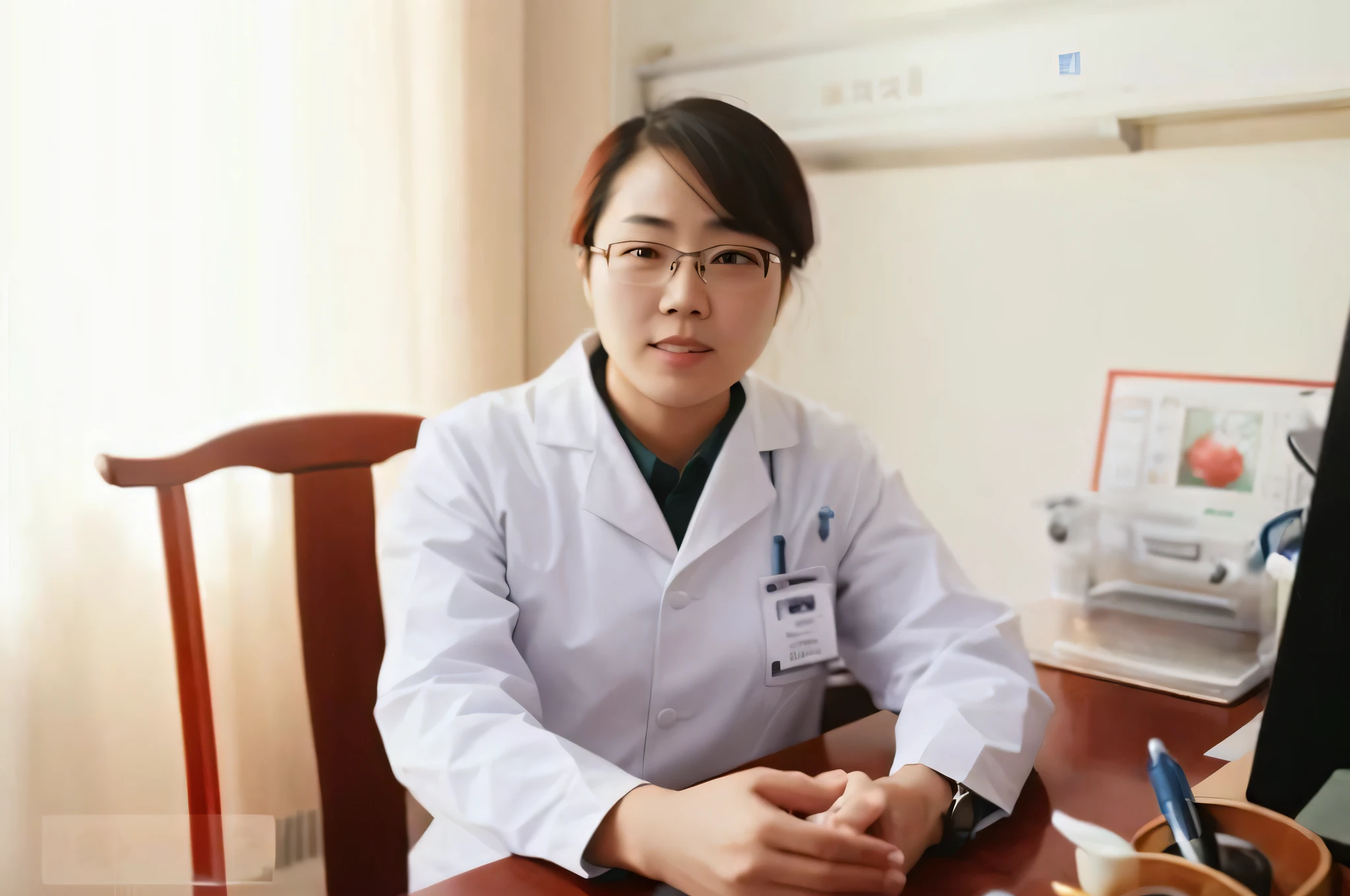 there is a woman in a lab coat sitting at a desk, wearing lab coat and a blouse, li zixin, pengzhen zhang, doctor, xiaofan zhang, yin zhen chu, jinyiwei, qiu fang, xiaolong wang, qichao wang, zeng fanzh, zhelong xu, qifeng lin, mingchen shen --auto --s2