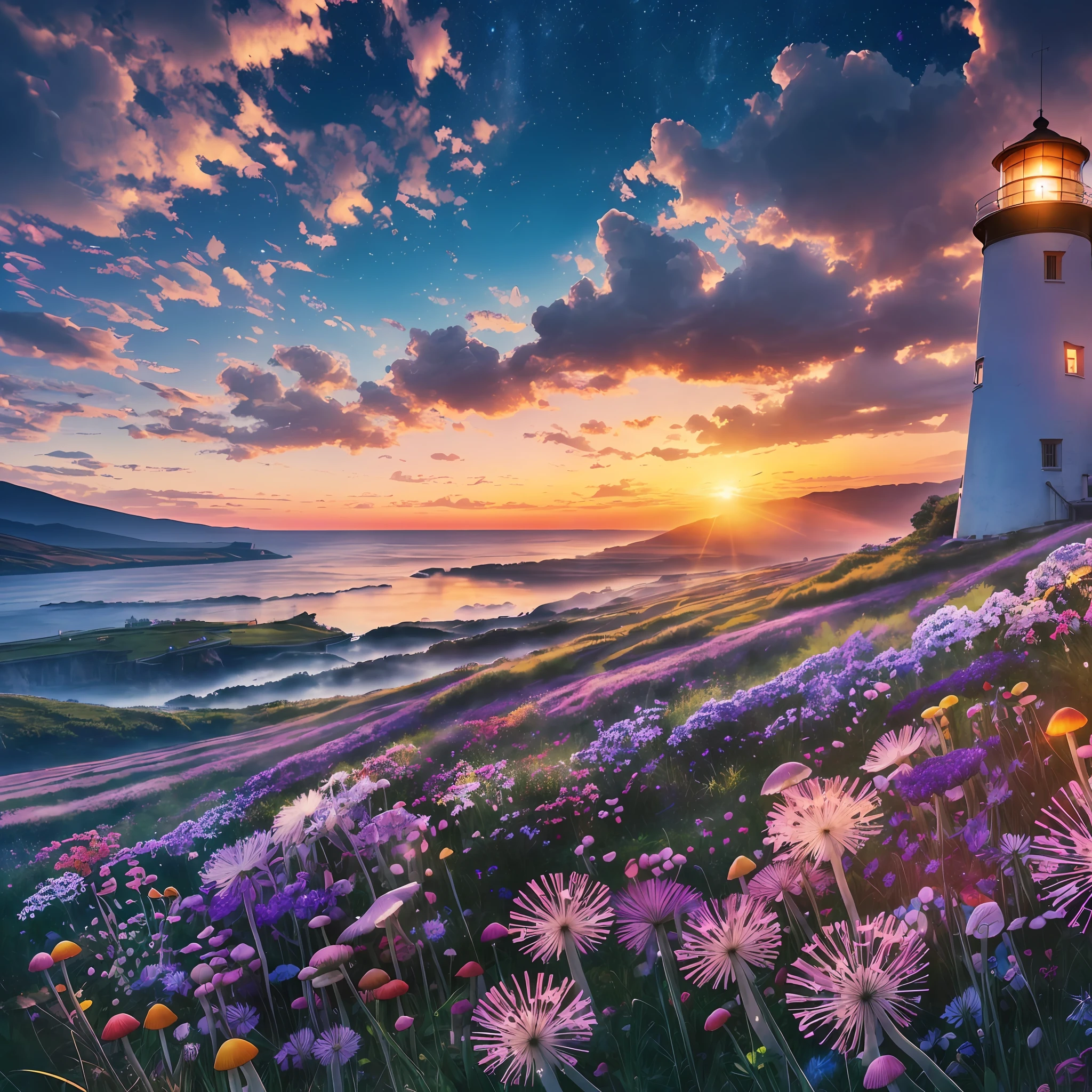 Computer, Extensive landscape ultrasound photography (general view showing sunrise, glass bottle, lighthouse, fly agaric mushrooms, flowers, lanterns), dawn, (detailed description of dawn), flower (ultradetailed dandelions), sky, dawn (detailed), fog, rain (detailed), butterflies, (detailed), fireflies (1: 3), (ultra-detailed description of appearance), bottle, lighthouse, butterflies, lantern, light, (crystals: 1,2), BREAK production art, (warm light source: 1.2), (Firefly: 1.2), sunny, pink, purple, fire particles, colors, intricate details, volumetric lighting, realistic fantasy BREAK (masterpiece:1.2), (best quality), 4k, ultra detailed, (dynamic composition: 1.4), high detailed, colorful details, (light colors: 1.2), (luminous lighting, atmospheric lighting), morning, light, magical --auto --s2