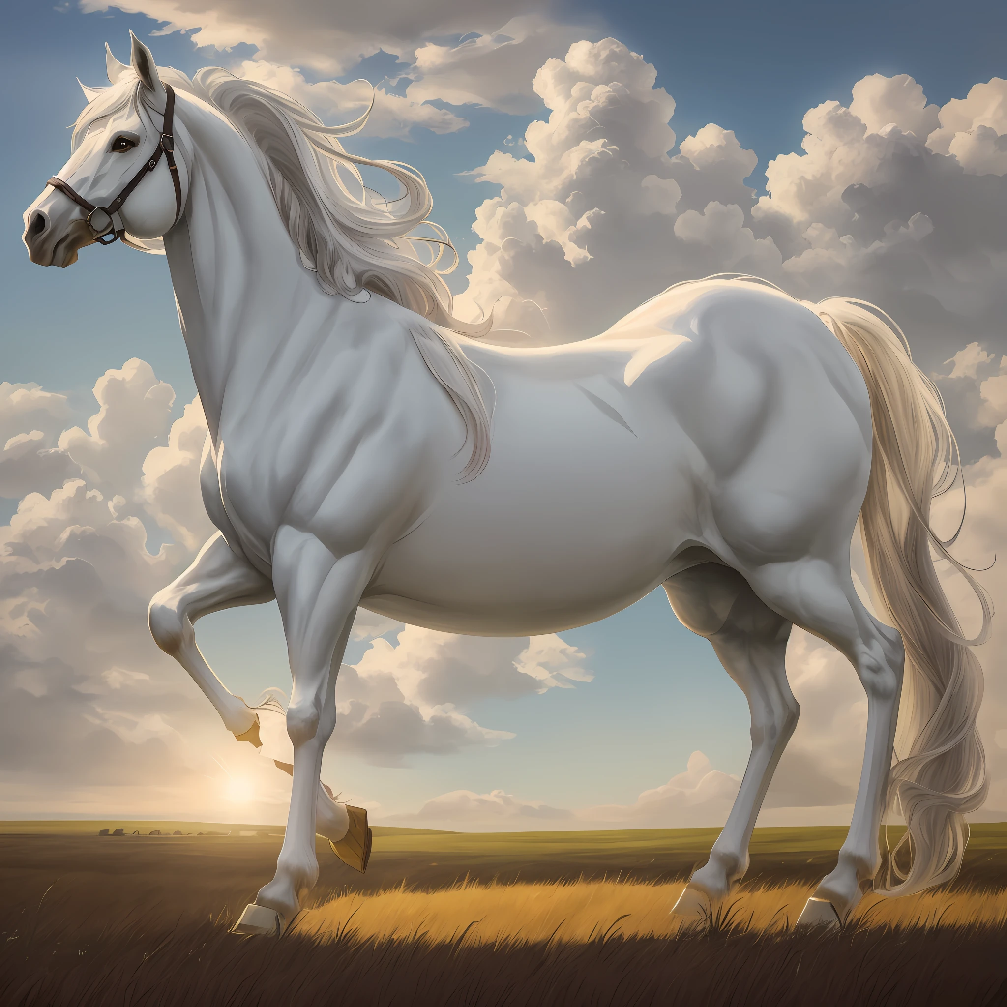 bottom horse, copper, slender, standing at full height, long white hair detailed, beautiful stunning realistic, gorgeous digital painting, anatomically correct horse, elegant digital painting, digital horse, ultrarealistic illustration, realistic illustration, incredibly realistic, flowing mane and tail, high quality, sky, clouds, photo, lots of air, perspective, profile, correct anatomy, hooves standing in grass, photo