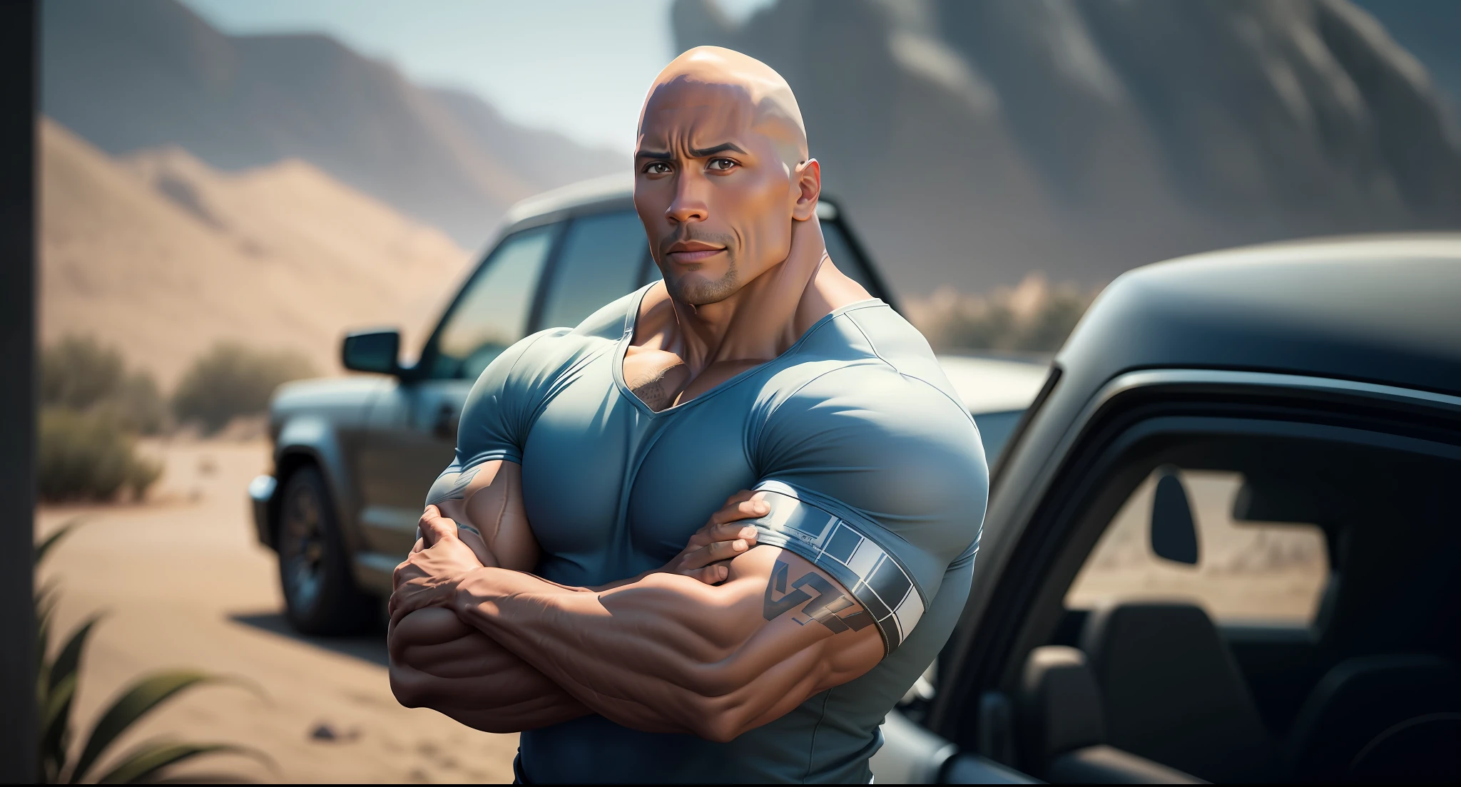 (photo of dwayne johnson wearing a tight Jean, the rock, arms crossed, outdoors, forty-years-old, forties, attractive, handsome, dwayne johnson, canon50, kodak ultramax, pexels, unsplash, film grain, ultraskin) Viewer View,Stand beside the Side of Car,(Sports Racing type)Need for Speed Background,Cars, Arcana,RoadCenimatic Lighting, masterpiece,UHD, Desert,