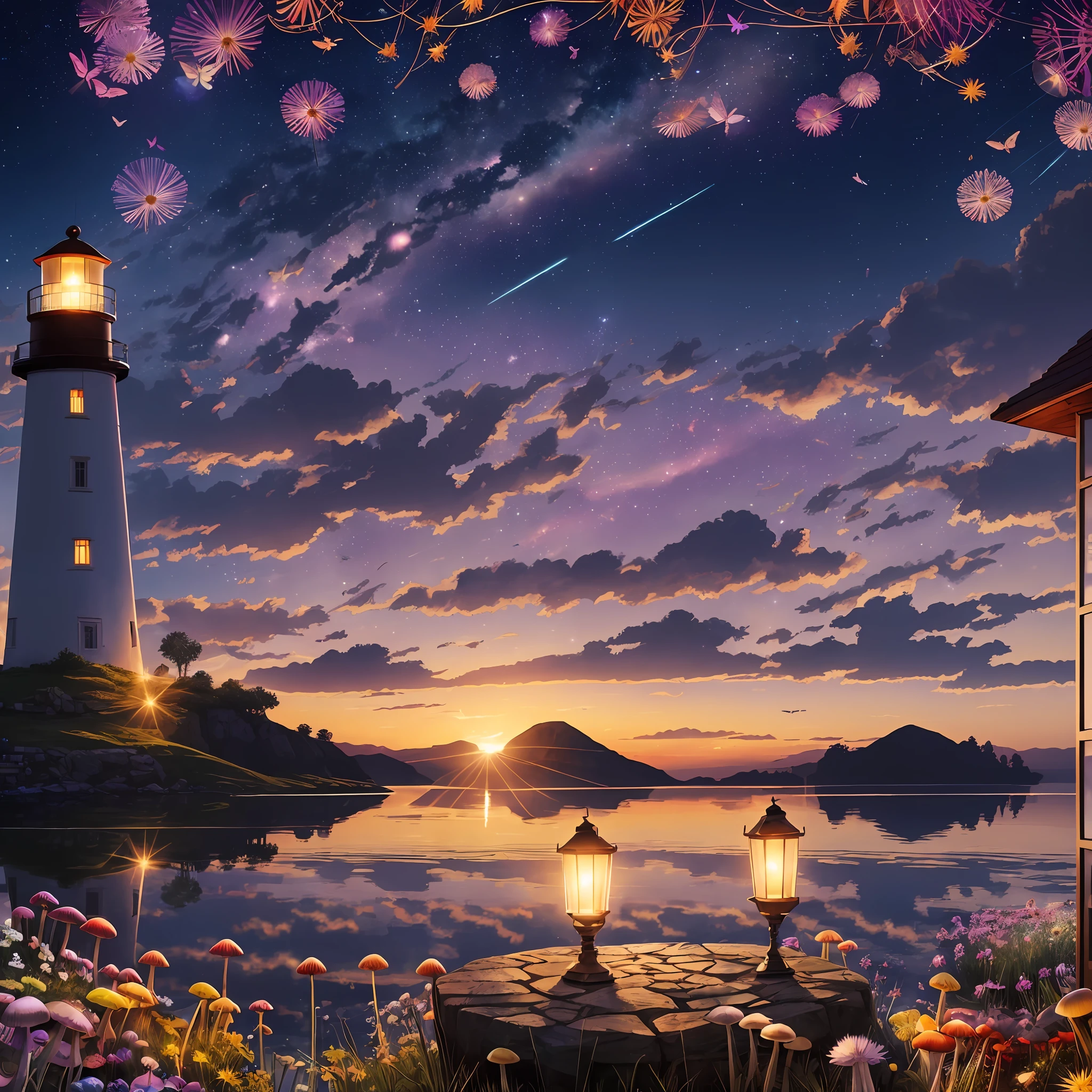 Computer, Extensive landscape ultrasound photography (general view showing sunrise, glass bottle, lighthouse, fly agaric mushrooms, flowers, lanterns), dawn, (detailed description of dawn), flower (ultradetailed dandelions), sky, dawn (detailed), fog, rain (detailed), butterflies, (detailed), fireflies (1: 3), (ultra-detailed description of appearance), bottle, lighthouse, butterflies, lantern, light, (crystals: 1,2), BREAK production art, (warm light source: 1.2), (Firefly: 1.2), sunny, pink,  purple, fire particles, colors, intricate details, volumetric lighting, realistic fantasy BREAK (masterpiece:1.2), (best quality), 4k, ultra detailed, (dynamic composition: 1.4), high detailed, colorful details, (light colors: 1.2), (luminous lighting, atmospheric lighting), morning, light, magical --auto --s2