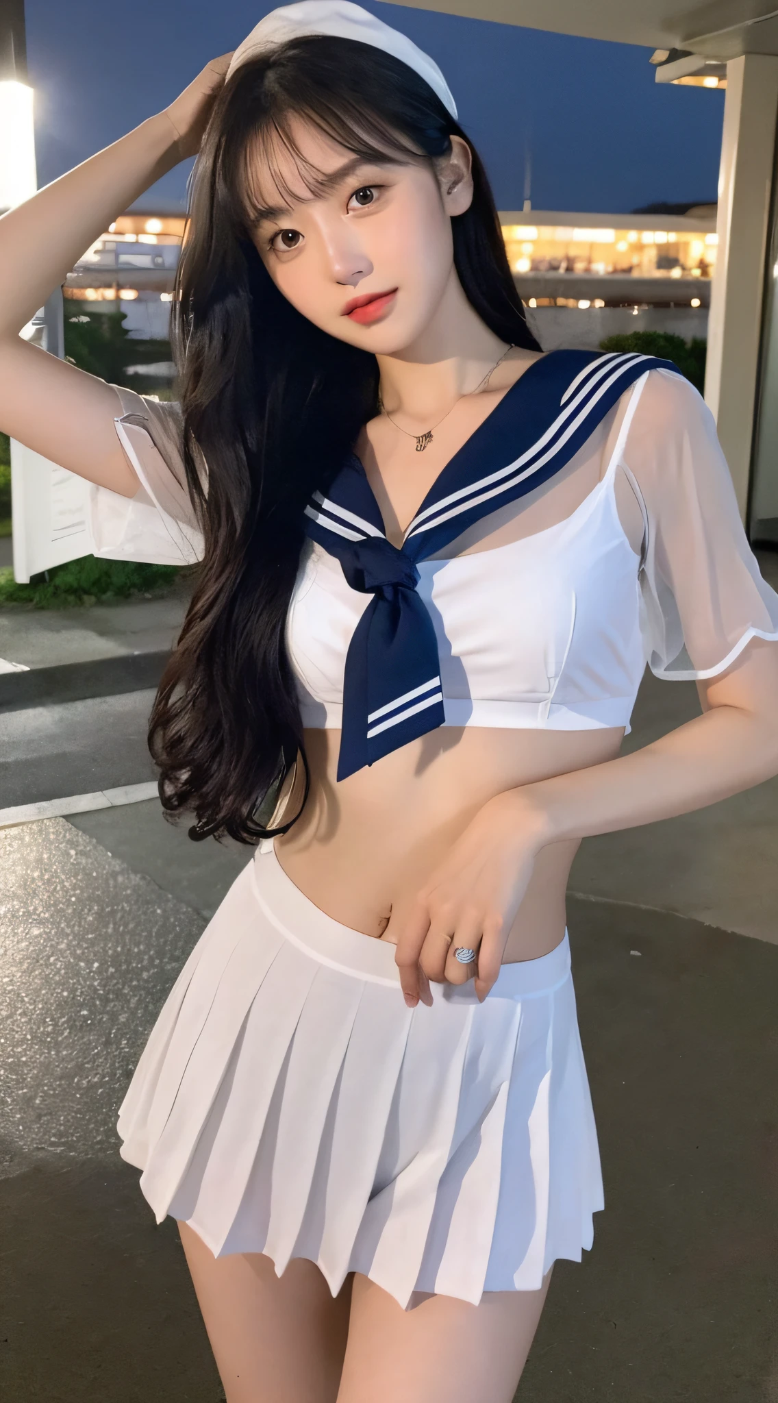 ((Top Quality, 8k, Masterpiece: 1.3)), Focus: 1.2, Perfect Body Beauty: 1.4, Ass: 1.2, (Delicate Long Hair)), (Hip Wrap: 1.1), Highly Detailed Face and Skin Texture, Delicate Eyes, Double Eyelids, Whitened Skin, Necklace, Ring, Wearing Big, Mini Skirt, Pleated Skirt, Sheer Sailor Suit, Factory Group at Night, Sea in the Distance, tanker, dark, searchlight, rain, heavy rain, underwear, white underwear, lace underwear, ruffled underwear, micro mini tops, mini sailor suit, darkness, 18 years old, beautiful girl