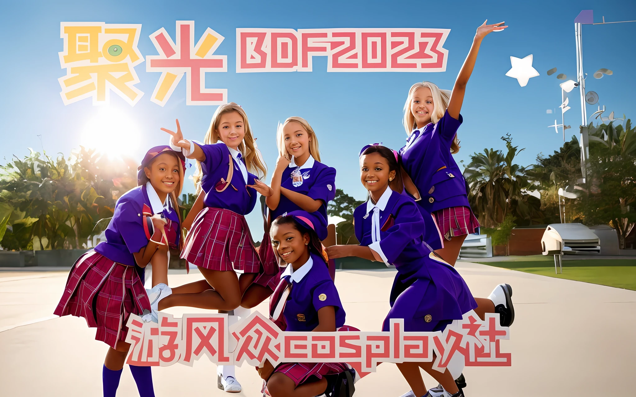 Close-up of a group of girls in school uniforms posing for a photo