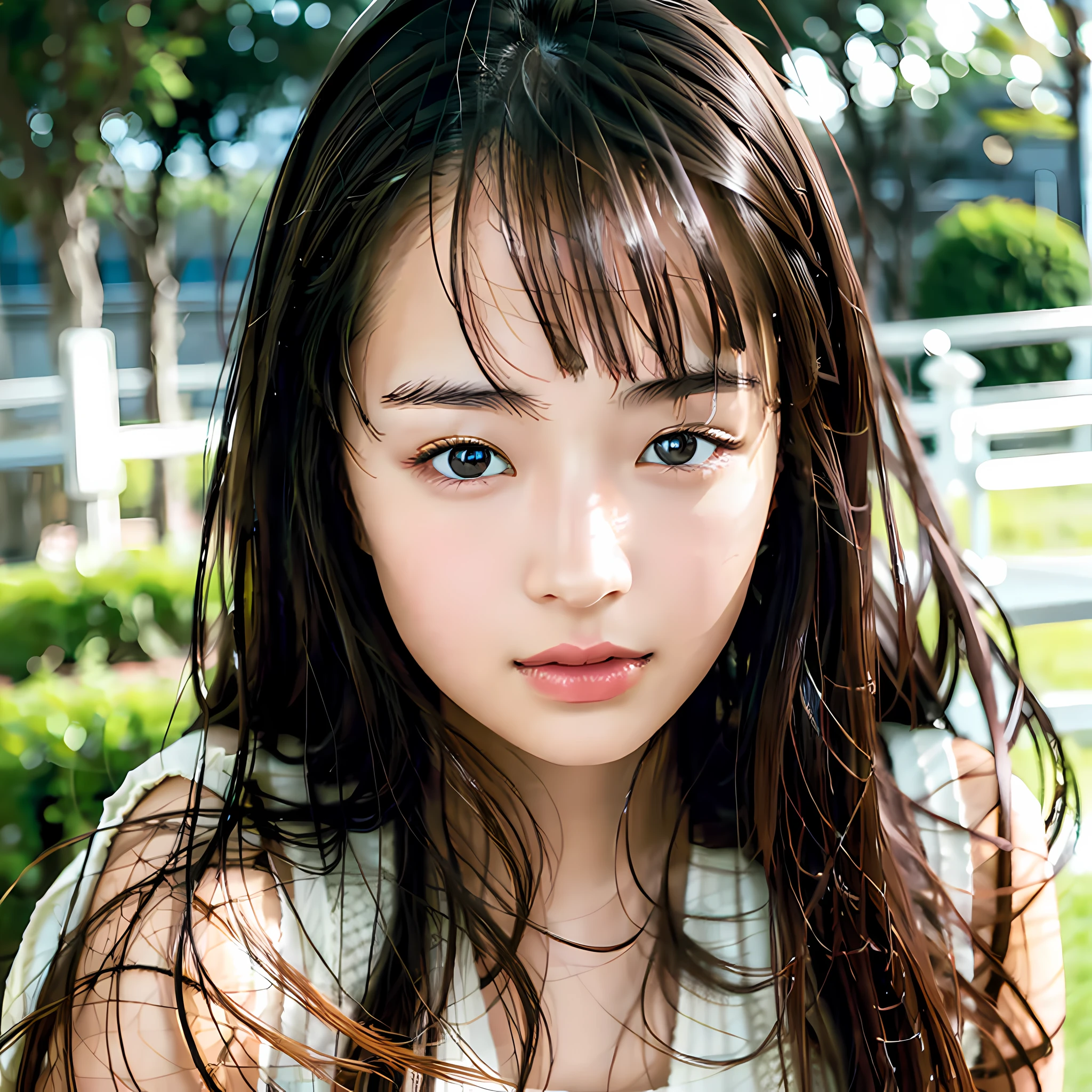 Top quality, best image quality, masterpiece, 1 girl, brown hair, brown eyes, clear skin, well-formed face, detailed face, straight long hair, white simple camisole, outdoor, park