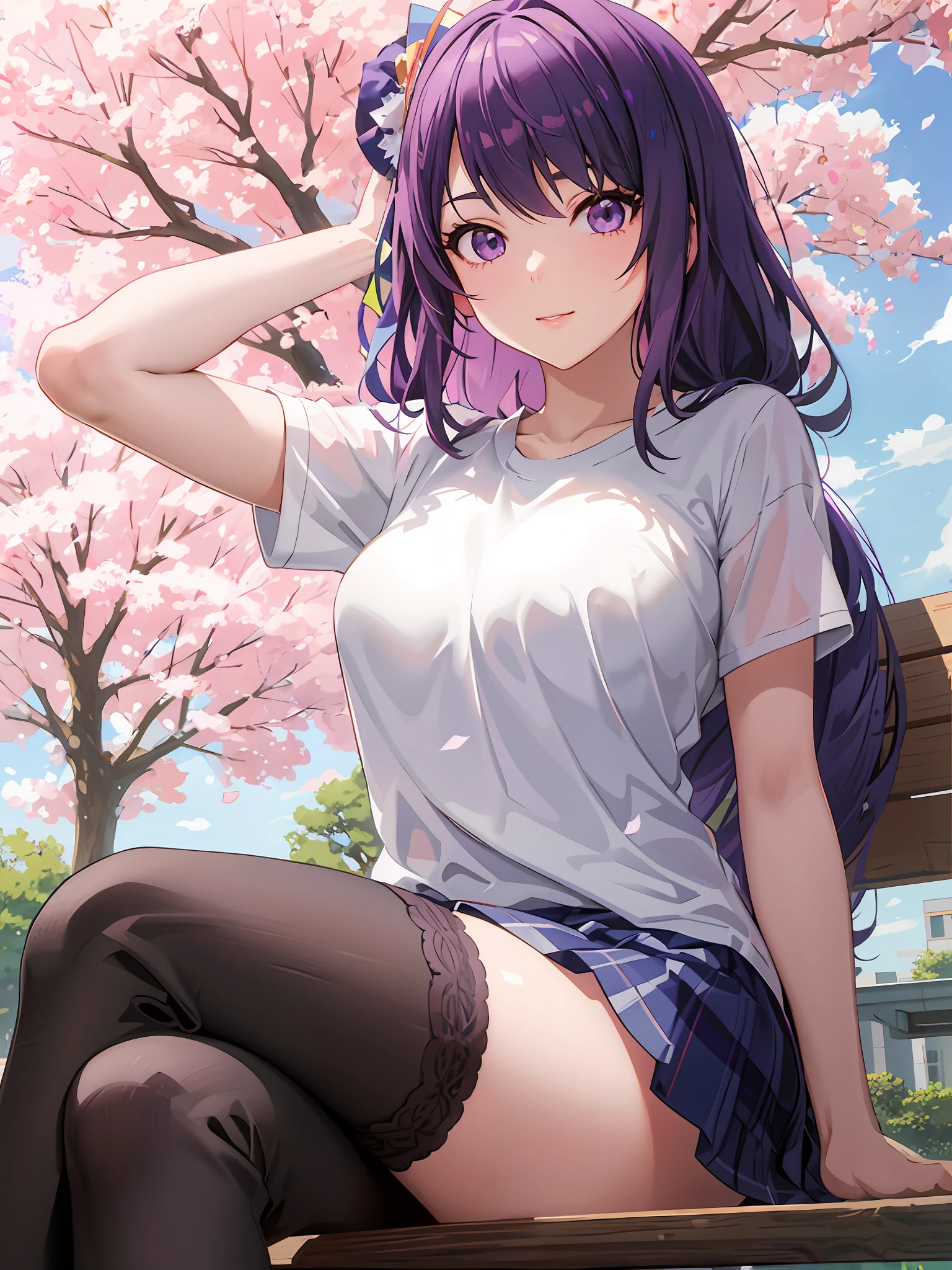 anime girl sitting on a bench with a purple hair, anime moe artstyle, seductive anime girl, marin kitagawa fanart, smooth anime cg art, ilya kuvshinov landscape, ilya kuvshinov with long hair, misato katsuragi, ilya kuvshinov. 4 k, attractive anime girl, beautiful anime girl, pretty anime girl