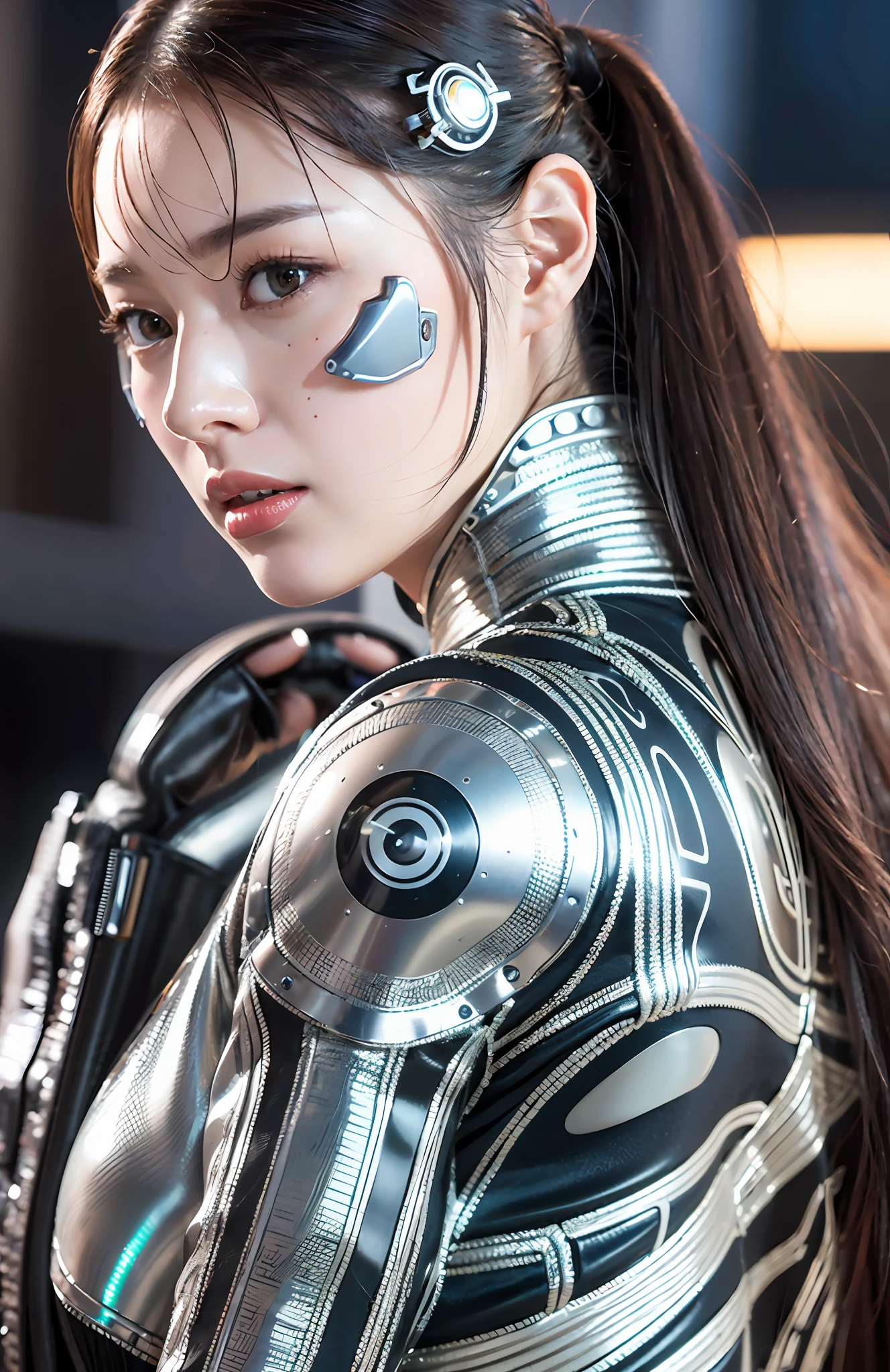 Complex 3d render ultra-detailed beautiful porcelain profile female android face, cyborg, robot part, 150 mm, beautiful studio soft light, rim light, vivid details, gorgeous cyberpunk, lace, surreal, anatomical, face muscle, cable wire, microchip, elegant, beautiful background, octane rendering, HR Giger style, 8k, top quality, masterpiece, illustration, very delicate and beautiful, highly detailed, CG, uniform, wallpaper, ( realistic, Photorealistic: 1.37), Amazing, Elaborate, Masterpiece, Top quality, Official art, Highly detailed CG unity 8k wallpaper, Absurd, Incredibly absurd, Robot, Silver Halmet, Full body, Sitting