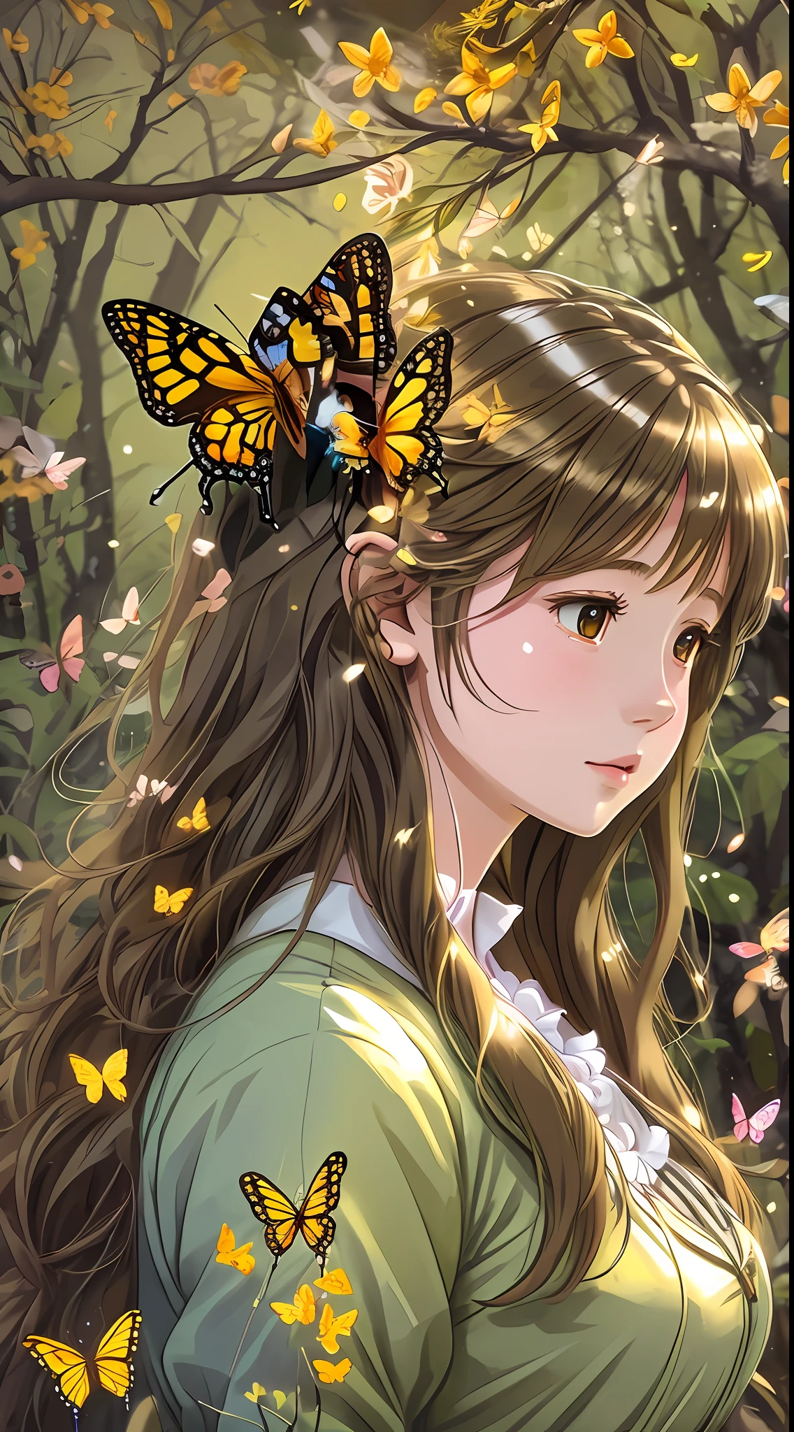 Anime girl in the forest with butterflies in her hair in glowing and fantastic scene style, yellow and brown, animated GIFs, delicate flowers, realistic brush strokes, stars, deep white and yellow