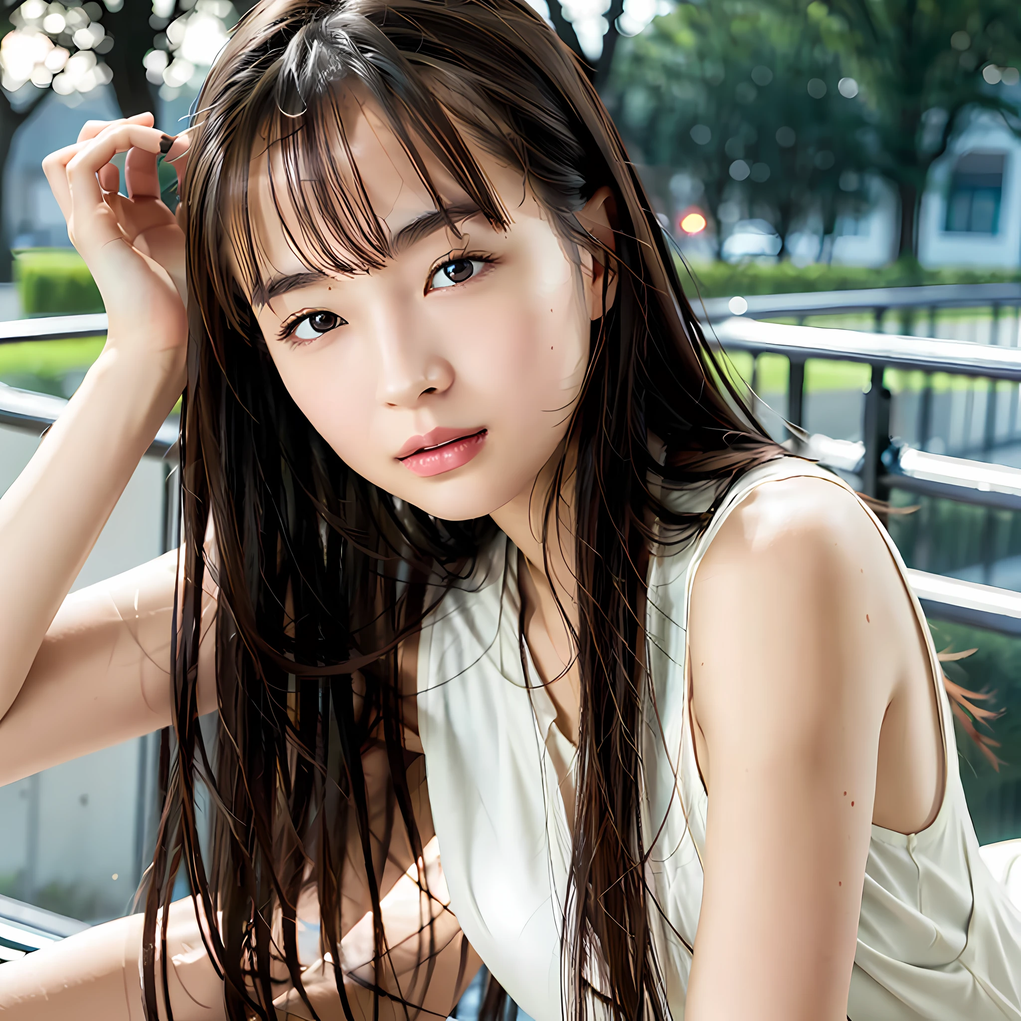 Top quality, best image quality, masterpiece, 1 girl, brown hair, brown eyes, clear skin, well-formed face, detailed face, straight long hair, white simple camisole, outdoor, park