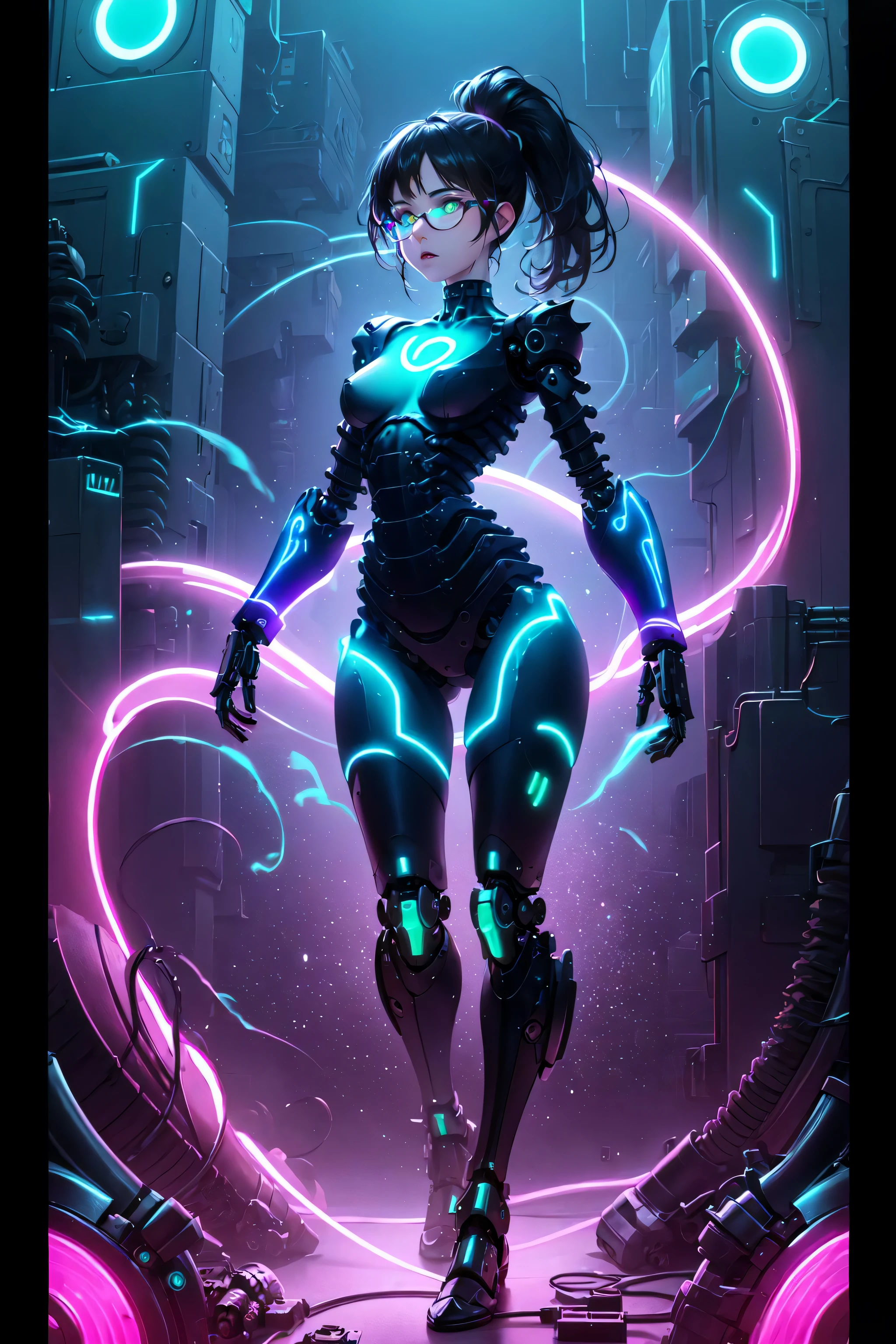 (masterpiece, top quality, best quality, official art, beautiful and aesthetic:1.2), (1girl:1.3), extreme detailed, colorful, ((ultra-detailed)), (highly detailed CG illustration), (digital painting), ((an extremely delicate and beautiful)), cinematic light, (mechanical girl:1.8), (solo:2.2), (full body:1.5), (mechanical limbs:1.3), (ribs:1.1), (mechanical spine:1.3), (motorcycle parts), (thin choker necklace:1.2), character focus, white background, (content:1.6), Machiavellian, dystopian, (dark hair:1.2), (short ponytail:1.3), (neon), (light paint:1.8), nsfw:1.3, glasses:1.7