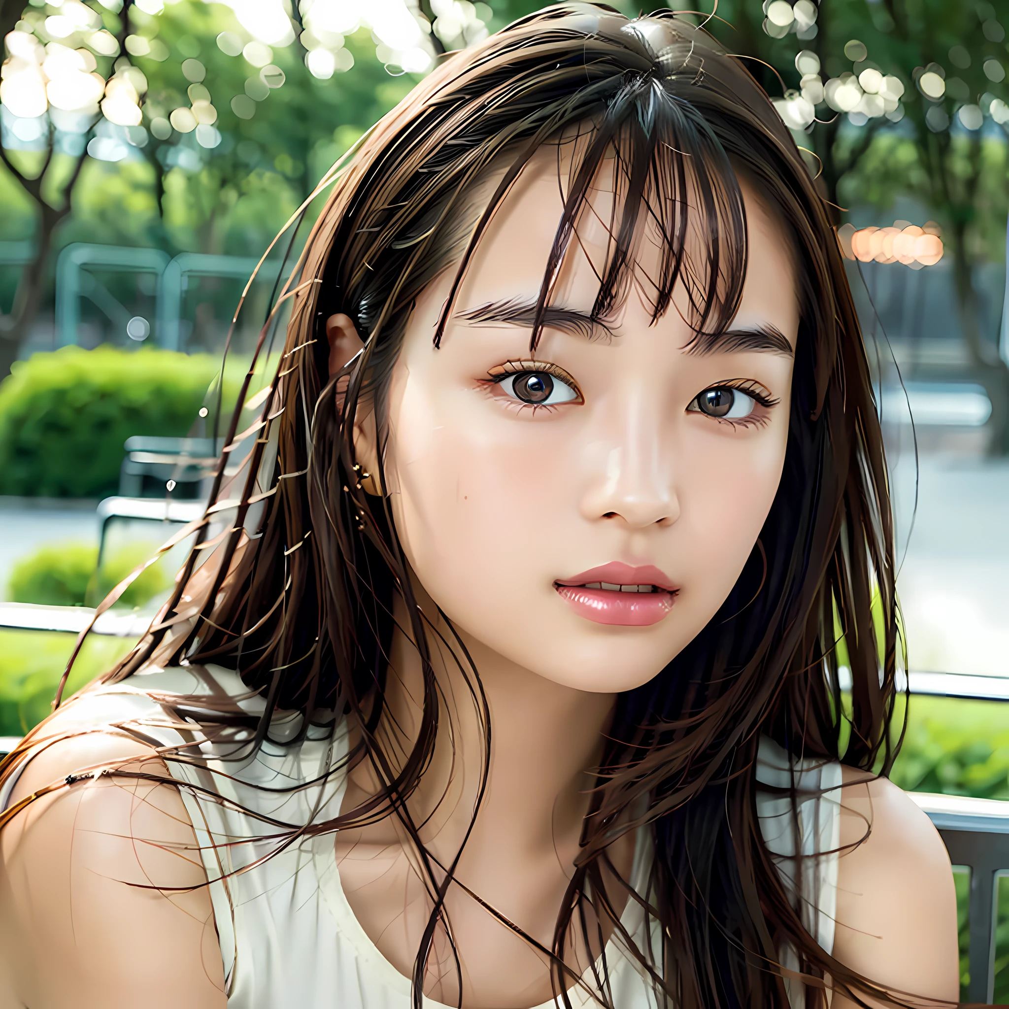 Top quality, best image quality, masterpiece, 1 girl, brown hair, brown eyes, clear skin, well-formed face, detailed face, straight long hair, white simple camisole, outdoor, park