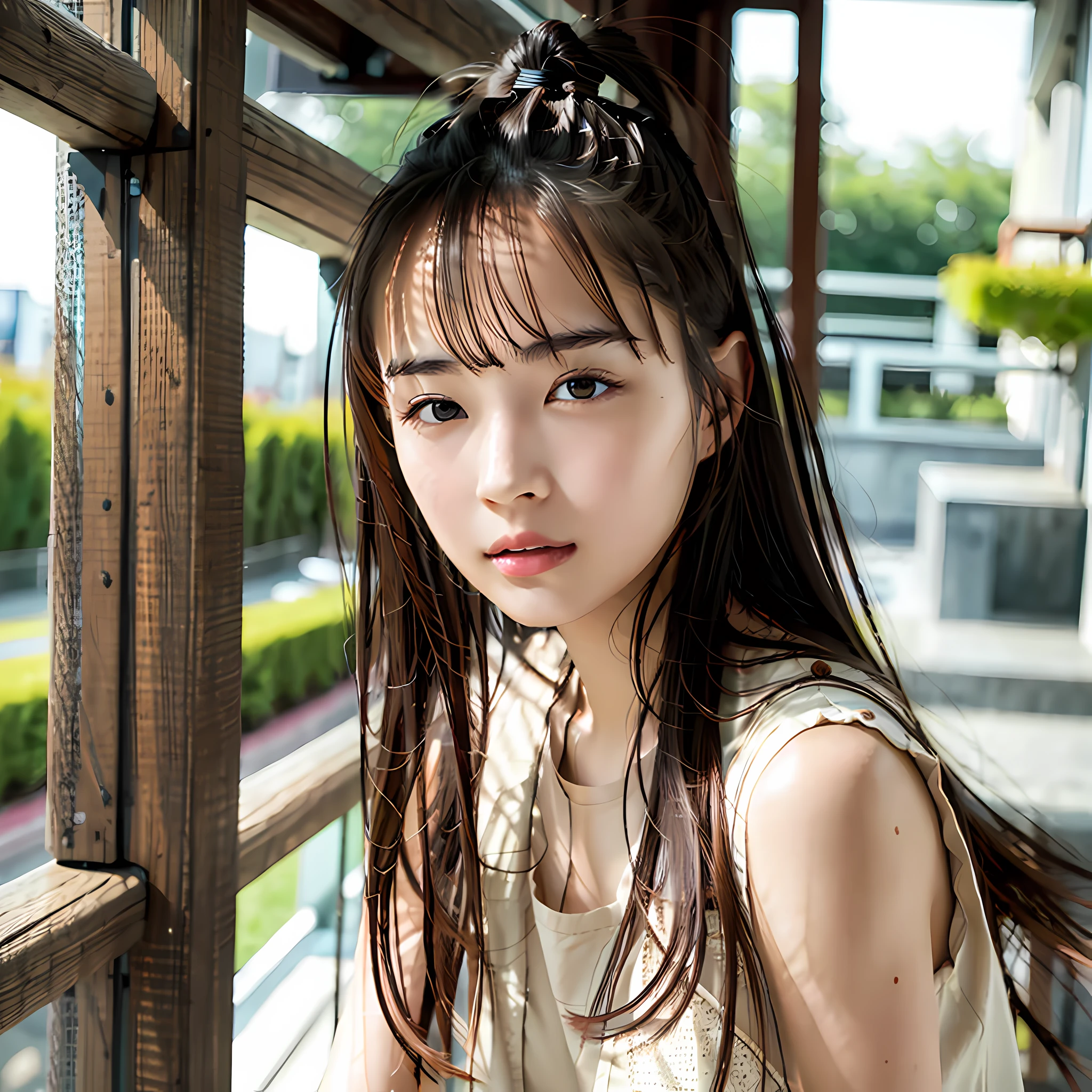 Top quality, best image quality, masterpiece, 1 girl, brown hair, brown eyes, clear skin, well-formed face, detailed face, straight long hair, white simple camisole, outdoor, park