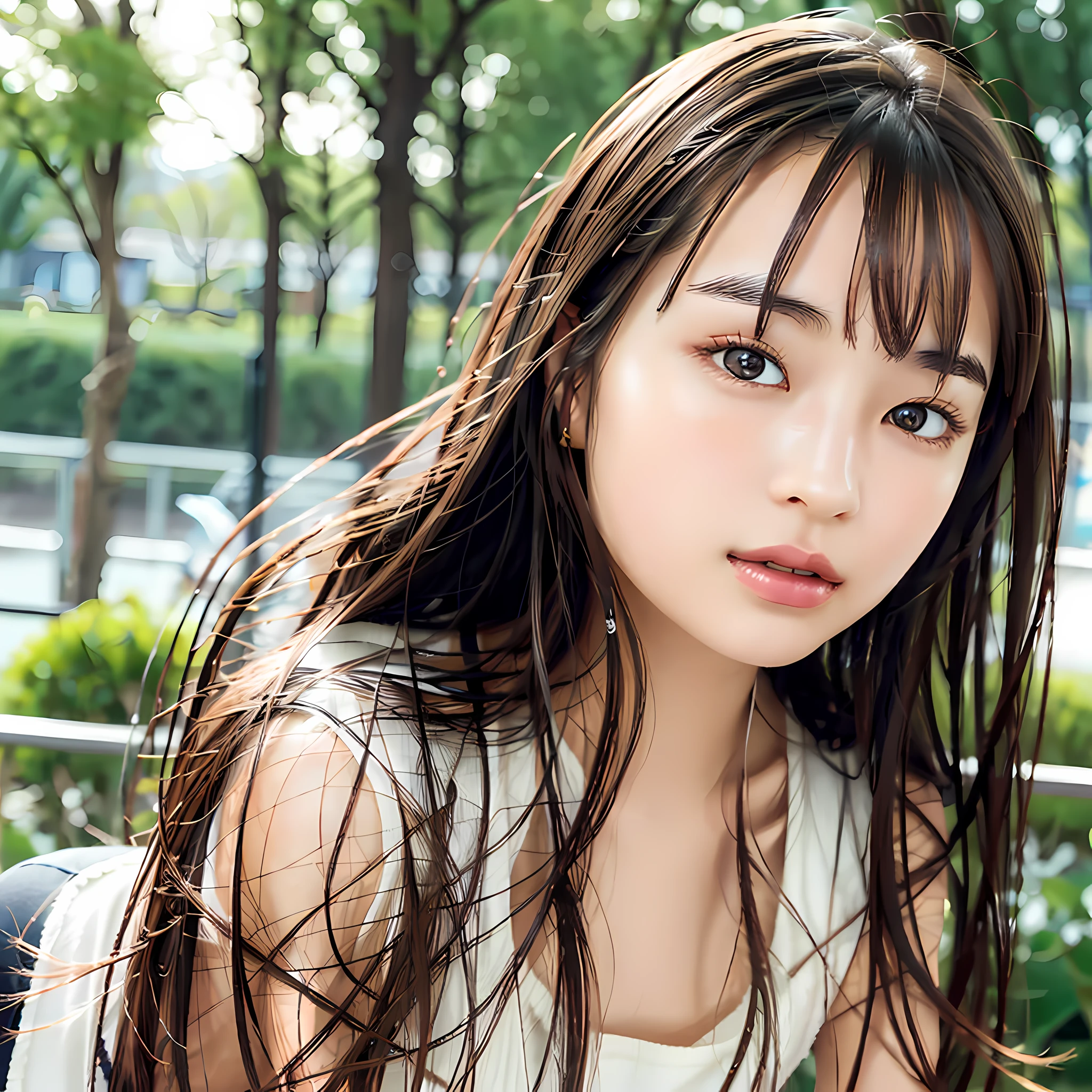 Top quality, best image quality, masterpiece, 1 girl, brown hair, brown eyes, clear skin, well-formed face, detailed face, straight long hair, white simple camisole, outdoor, park