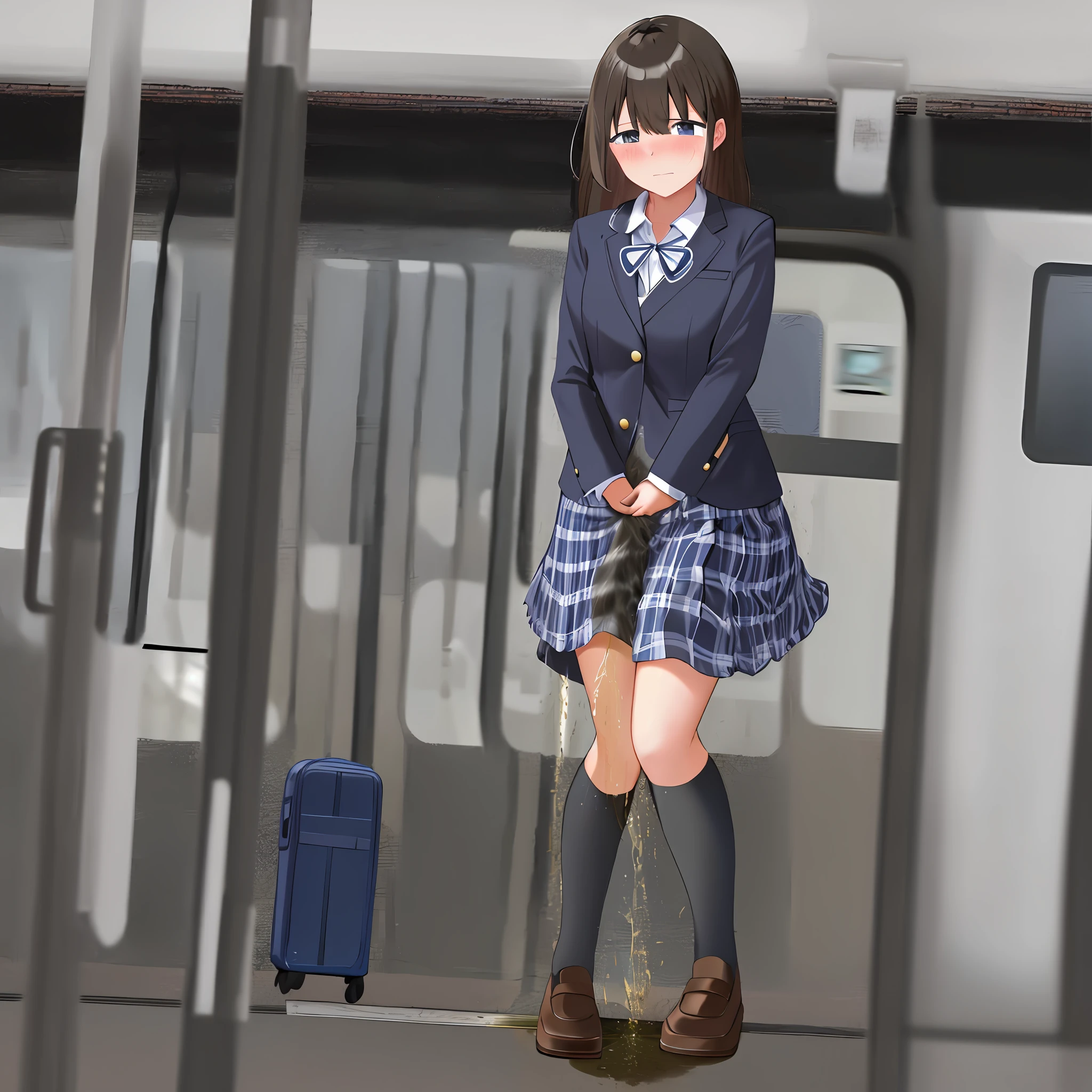 2d, masterpeice, best quality, anime, highly detailed, cowboy shot, 1girl, school uniform, black shoes, blue tip, white socks, blazer, brown sweater, collared shirt, neck ribbon, blue skirt, peeing herself, peeing, peeing self, very desperate to pee, at a train station, full face blush, sad, crying, flustered, pubic hair, spread legs, panties, black stockings brown boots ruffled panties, peeing, peeing self, peeing, peeing self, pee puddle, puddle of her own urine is forming around her feet, holding small briefcase, long dress, petticoat, stained skirt, stained socks