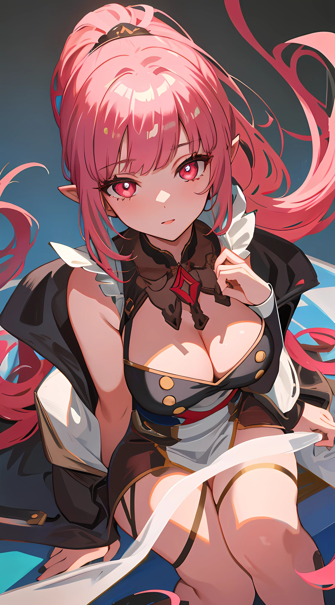 ((masterpiece, best quality)), 1girl, (mature female:1.4), 130mm f1.4 lens, 1girl, solo, pointy ears, heart-shaped pupils, microdress, from above, big chest, saturated, colorful, multicolored hair, bleu hair, multicolored eyes, mksks-style, Top quality, Masterpiece, Detailed background, Very detailed, Complex and detailed face, Long eyelashes, Detailed eyes, (High ponytail: 1.3), (Thighs thick: 1.0),(Solo: 1.3)