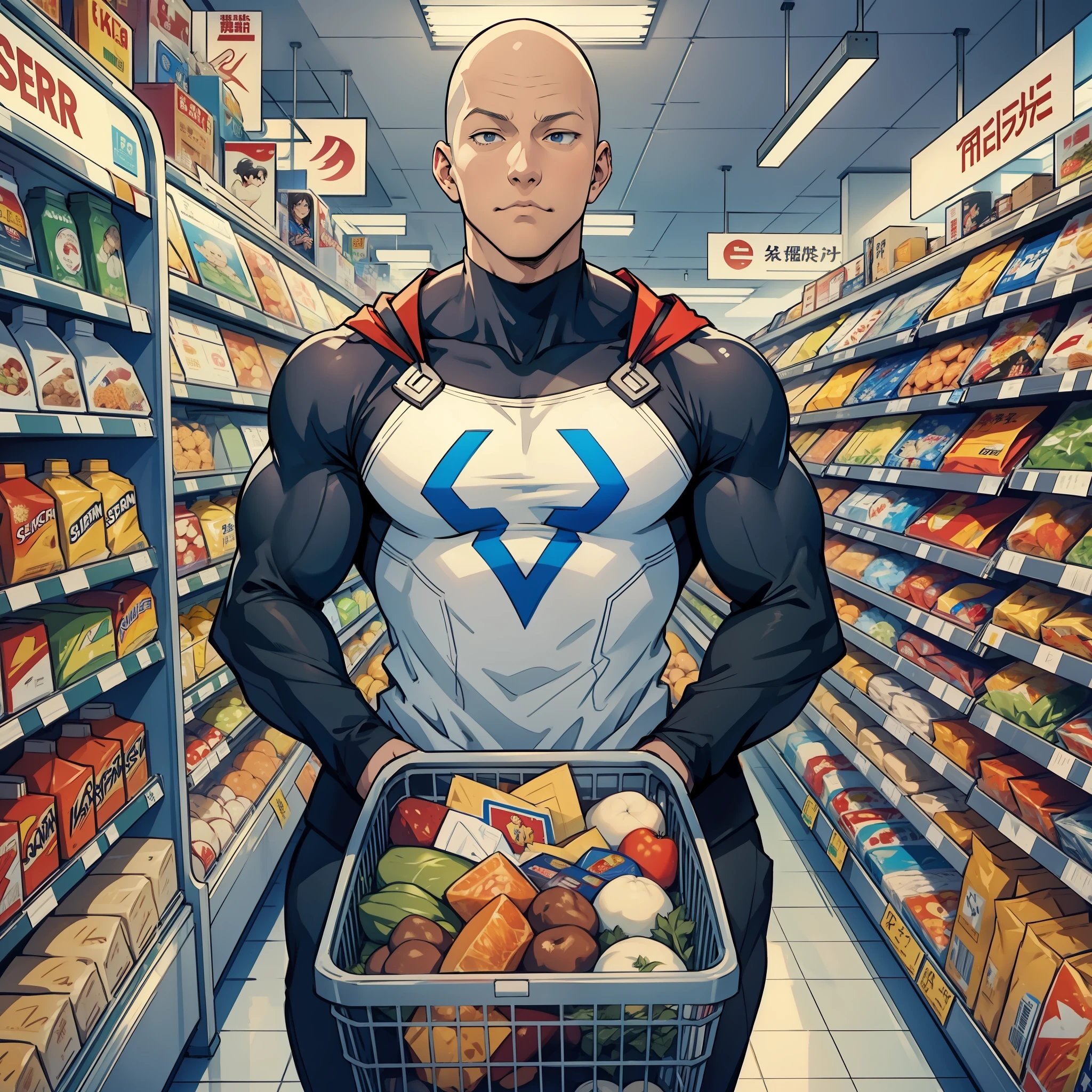 in front of Saitama and superman talking inside a busy supermarket, intricate details