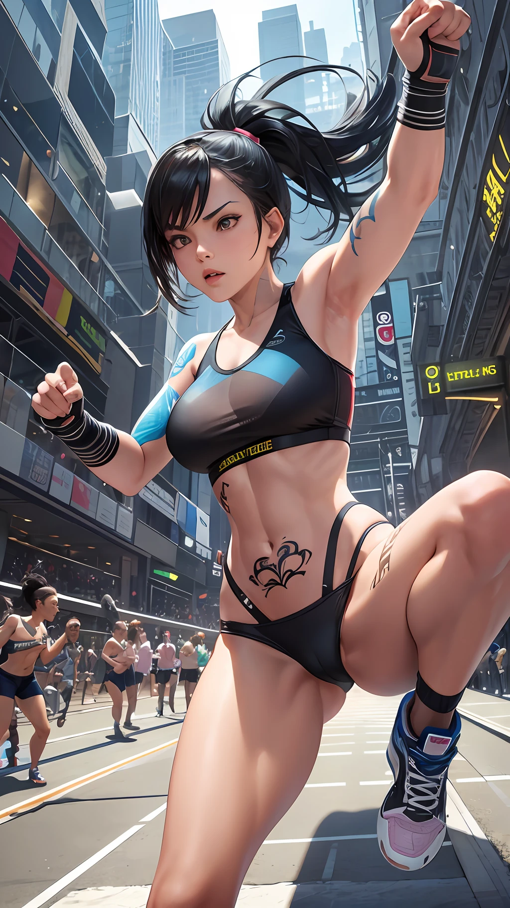 fast-paced action shot of a Aerobic Girl doing a dangerous dance on a bench, perfect fit body, tattoos, action pose, intricately detailed, beautifully color-coded, unreal engine, octane render, sunlight,raw