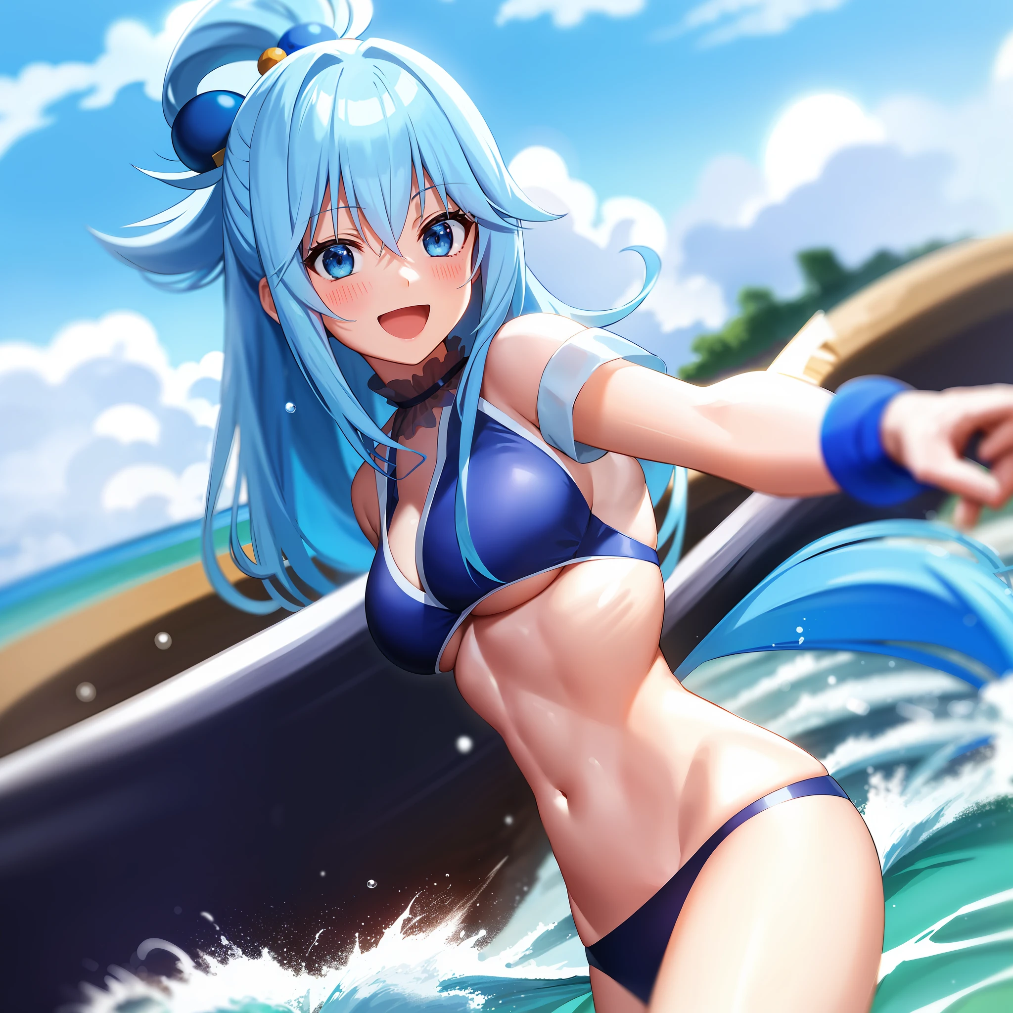 ,anime screencap,anime coloring,outdoors, blue sky, 
1girl, solo, long hair, blue hair, blue eyes,cowboy shot,smile,  looking at viewer, hair ornament, hair rings, blush,medium breasts, open mouth,beach,water, single hair ring,bikini, splashing, thighs,