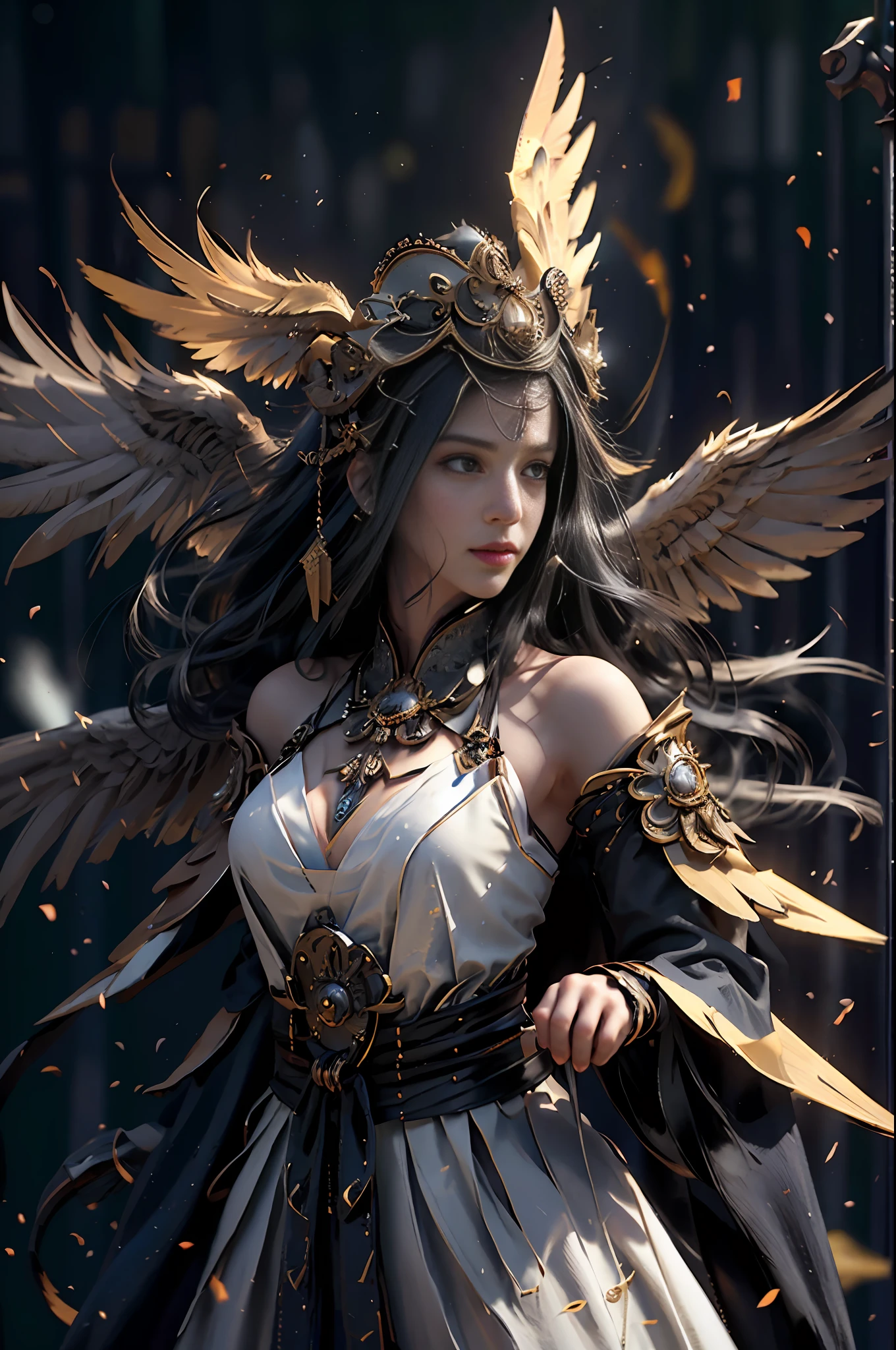 (RAW Photo, Best Quality), (Realistic, Photorealistic True: 1.3), Best Quality, Highly Detailed, Masterpiece, Hyper Detail, Illustration, 1 Girl, Big Eyes, Smile, Black Hair, Black Wedding Dress, Feather Headgear, Wielding a Big Sword, upper_body, Dynamic Angle, World Mastery Theater, Flying Long Hair, Fluores cent black, Dynamic fire inbackground, best quality, extremely detailed CG unified 8k wallpaper, ink, amazing, cinematic lighting, lens_flare, wuxia_style