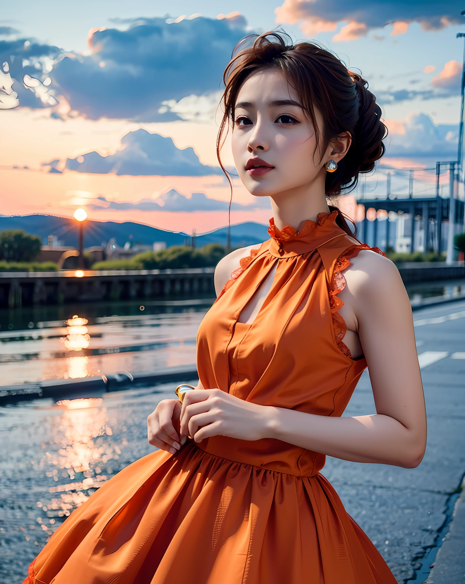 (Masterpiece: 1.5), Woman posing on European street corner in bright orange dress, highest quality, high resolution, 8k, one woman, (flat chest: 1.2), daytime, bright, outdoor, (street: 0.3), (people, crowd: 1), (lace) -trimmed dress: 1.5, light orange dress: 1.5, orange high neck dress: 1.5, sleeveless dress, Orange Dress: 1.5), Gorgeous, (Medium Hair), Beautiful Detailed Sky, Beautiful Earrings, (Dynamic Pose: 0.8), (Upper Body: 1.2), Soft Lighting, Wind, Lustrous Skin, (Looking Up: 1.2), (Photorealistic Photos: 1.3), Natural Light, (High Detail Skin: 1.2), 8K UHD, DSLR, High Quality, High Definition, 4K, 8K,