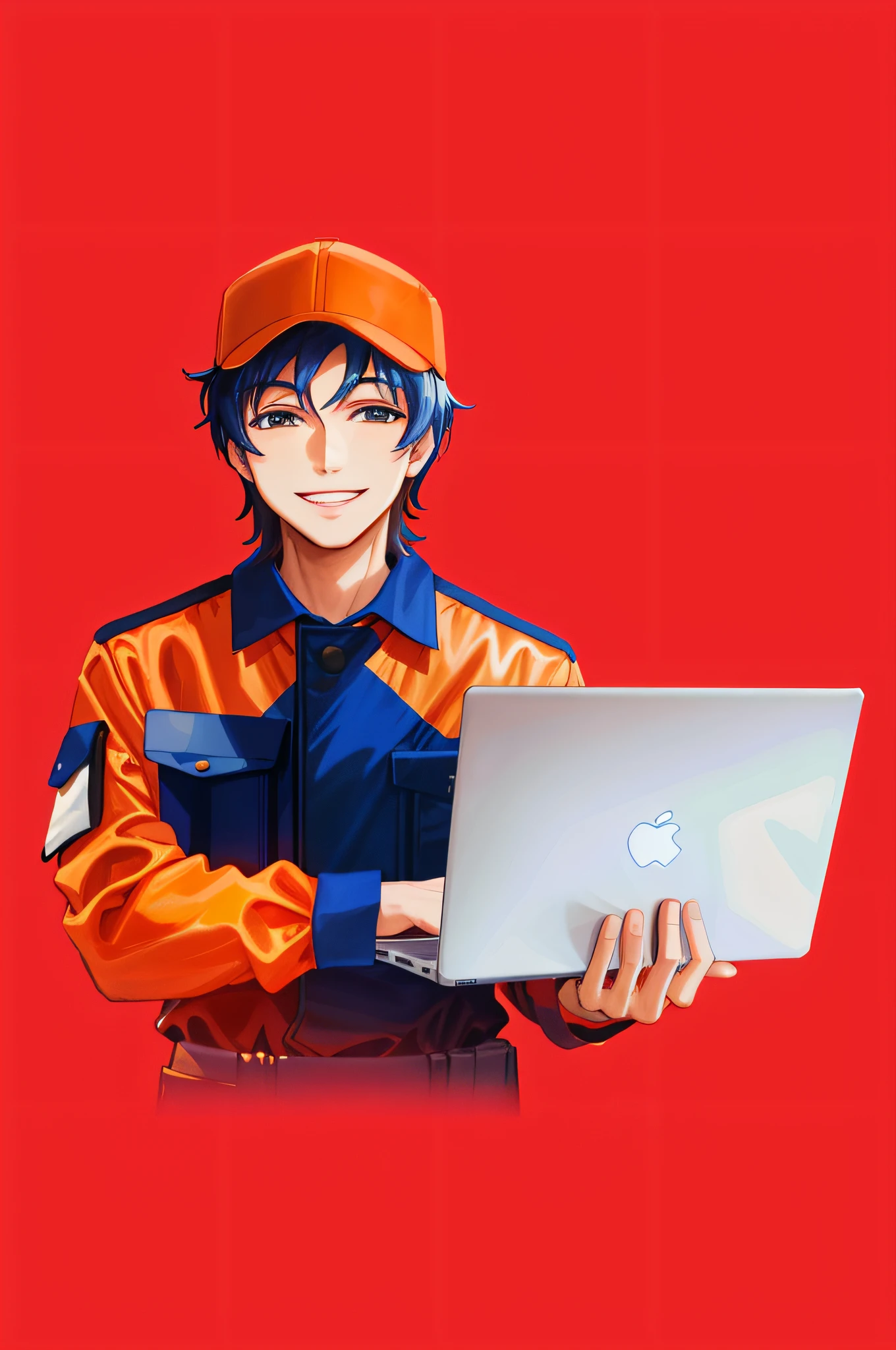 The Alafed man in an orange and blue uniform holds a laptop and smiles