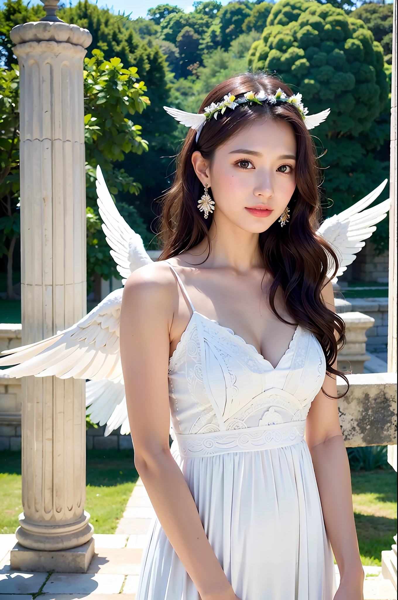 Dressed up with winged cute angel, wearing a beautiful garland on his head, symmetrical white feather material imitating huge wings, exquisite details, portraits, breasts, outdoors, ancient buildings, tall stone pillars, stone railings, a 25-year-old woman named Yiping in an ancient castle: 2, eyes looking at the camera, back to the camera, natural expression, posture not stiff, curly wavy long hair, white dress long dress, the same character, various poses, different angles, rich skin details: 1.5,