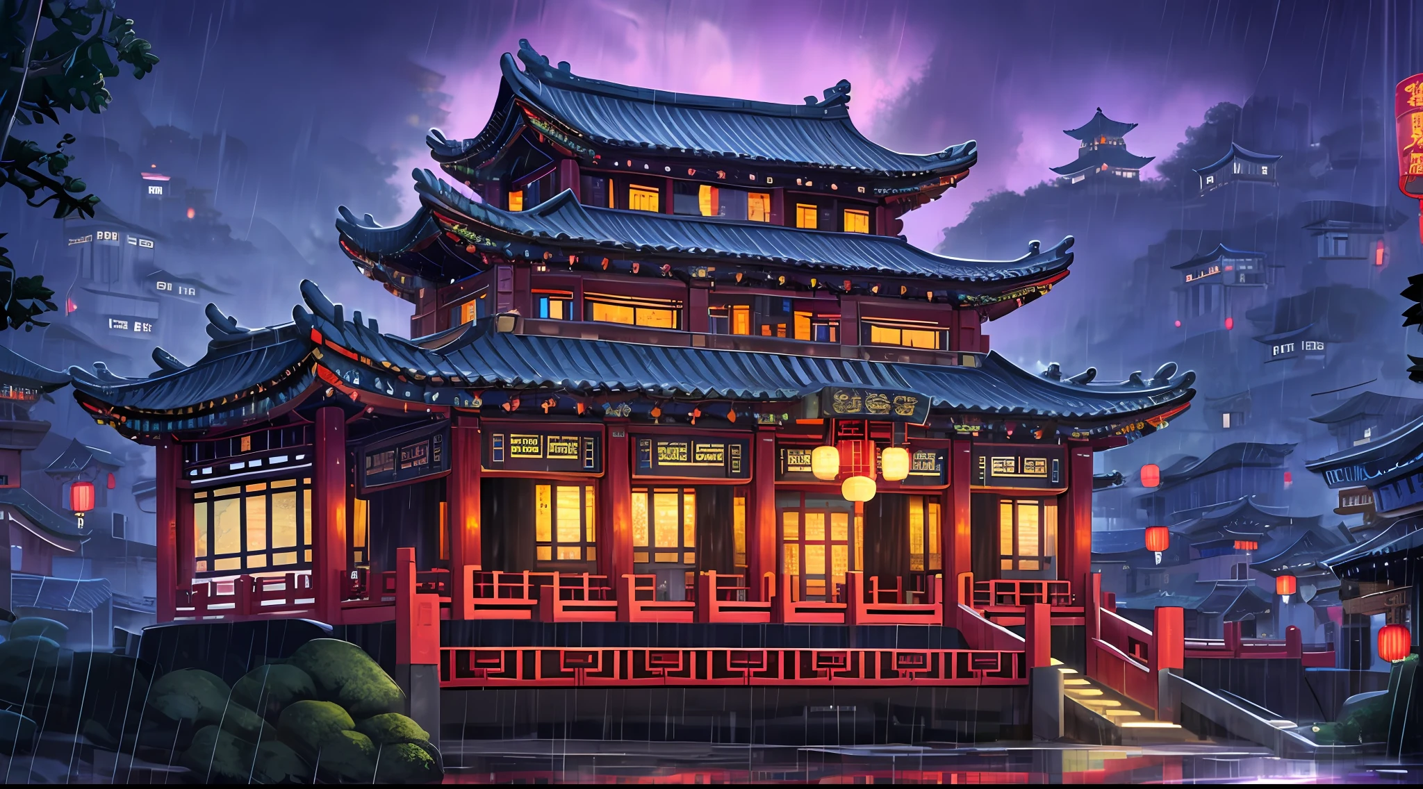 Arafed view of a village, There are a lot of lights on the building, dreamy chinese town, Chinese Village, amazing wallpaper, Chinese town, Chinese Village, Surreal photos of a small town, Old Asian village, Raymond Han, rainy night, Cyberpunk ancient Chinese castle, Well-lit building, In the evening in the rain, beautiful and aesthetic, Photography, Movie, Smoke and rain, 8k, UHD, masterpiece, super detail, high details, high quality, award winning, best quality, highres --auto --s2